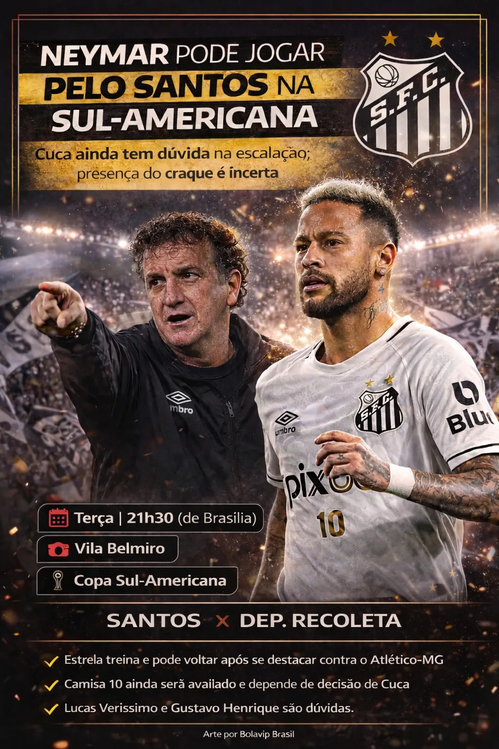 Após vitória contra o Atlético-MG, Santos teve um dia leve de treinos e os relacionados ainda não estão confirmados