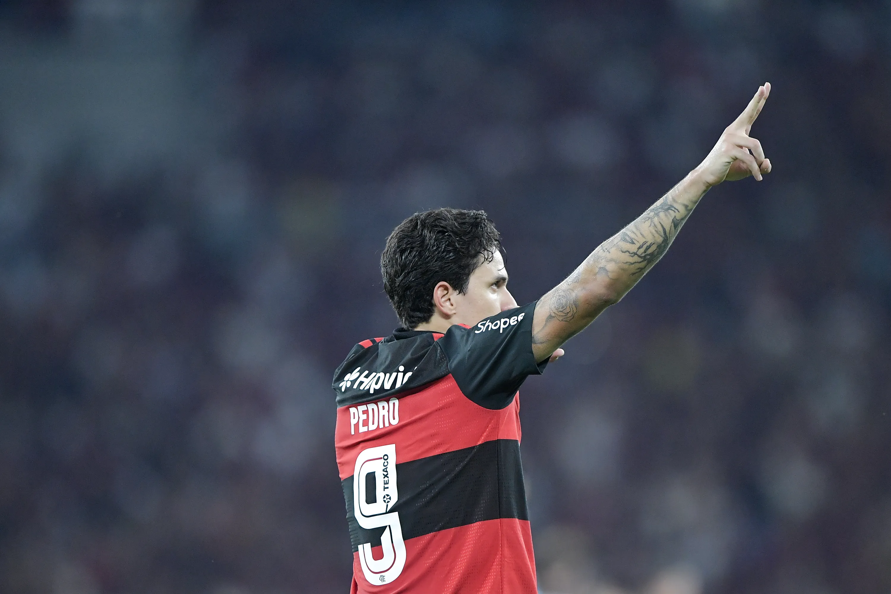 Pedro jogador do Flamengo comemora seu gol durante partida contra o Santos no estadio Maracana pelo campeonato Brasileiro A 2026. Foto: Thiago Ribeiro/AGIF