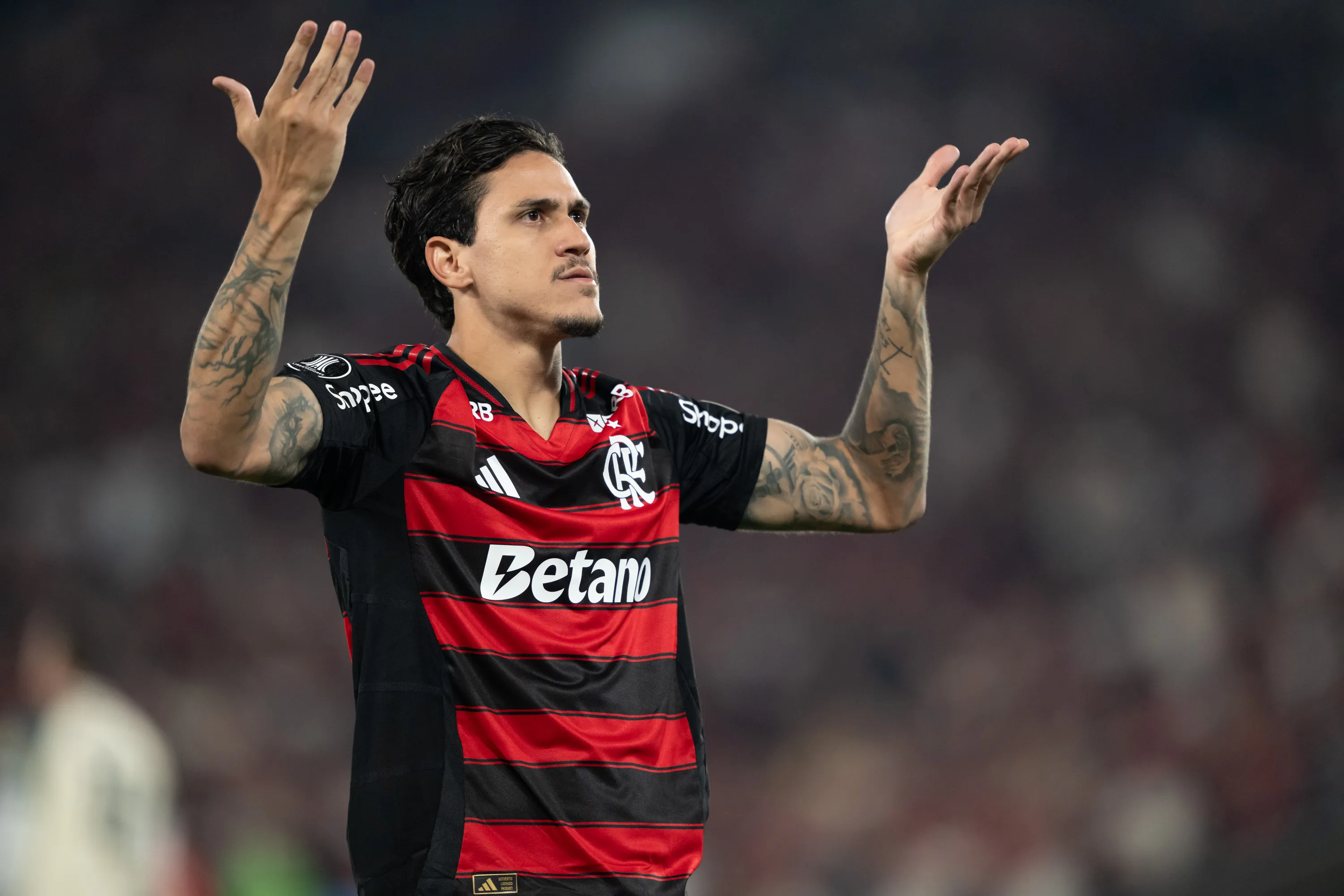 Pedro jogador do Flamengo comemora seu gol durante partida contra o Estudiantes no estadio Maracana pelo campeonato Copa Libertadores 2025. Foto: Jorge Rodrigues/AGIF