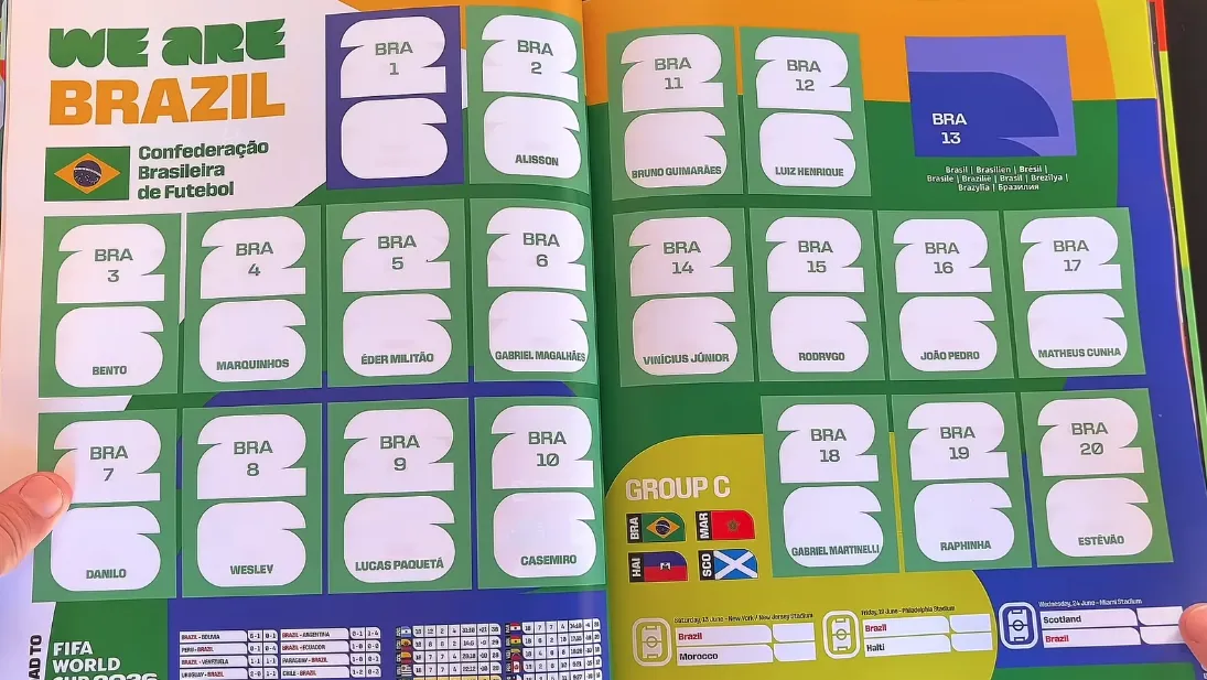 Página reservada à Seleção Brasileira no álbum da Copa do Mundo – Foto: Reprodução/ VICIOMANIA Figurinhas