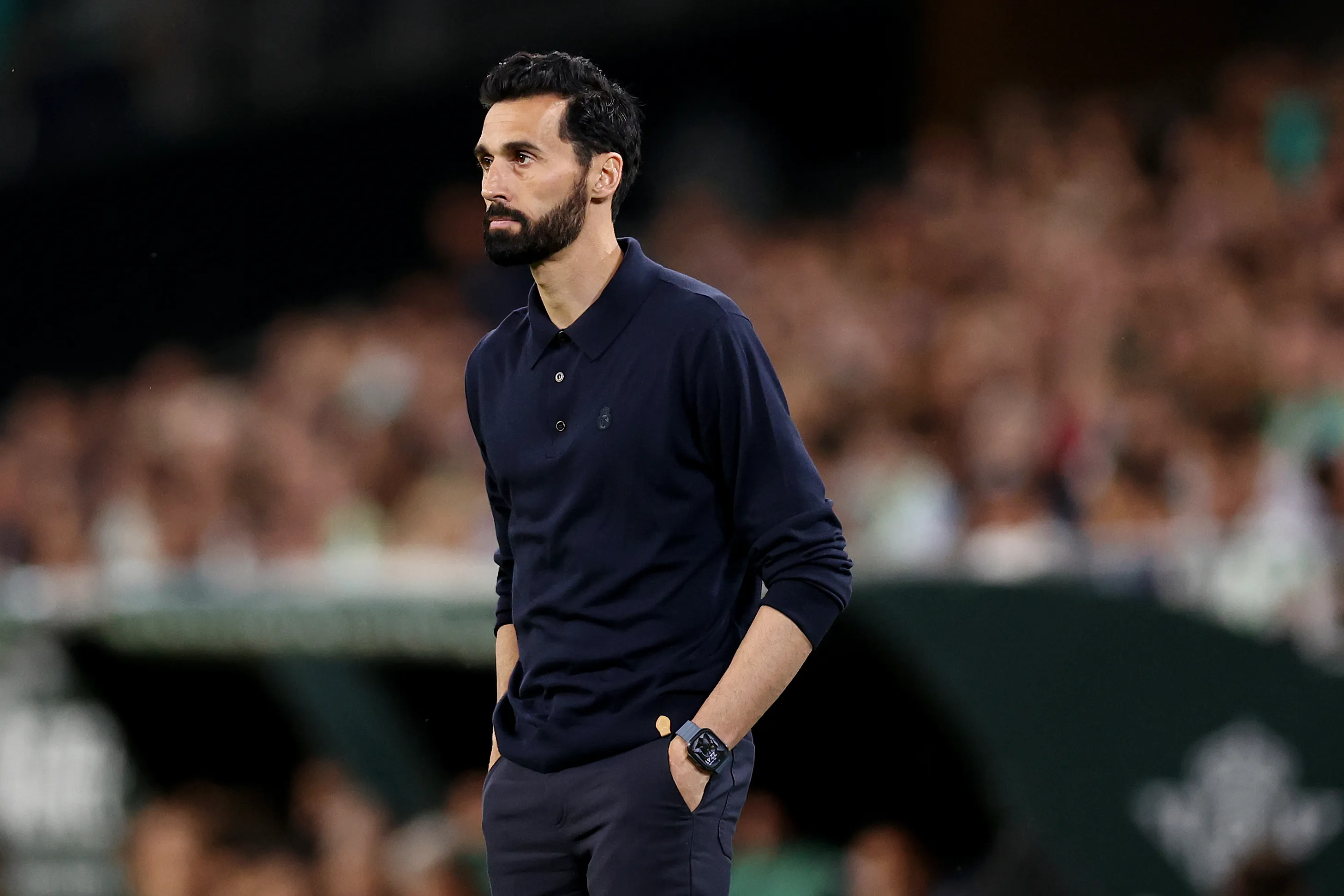 SEVILLE, SPAIN – APRIL 24: Alvaro Arbeloa, Head Coach of Real Madrid, looks on during the LaLiga EA Sports match between Real Betis Balompie and Real Madrid CF at Estadio La Cartuja on April 24, 2026 in Seville, Spain. (Photo by Fran Santiago/Getty Images)