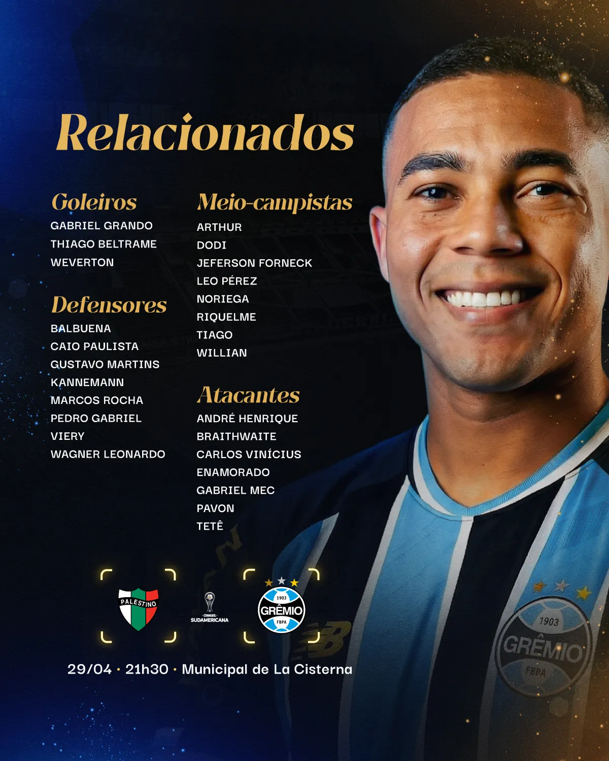 26 atletas foram relacionados para encarar o Palestino no Chile – Foto: Grêmio FBPA