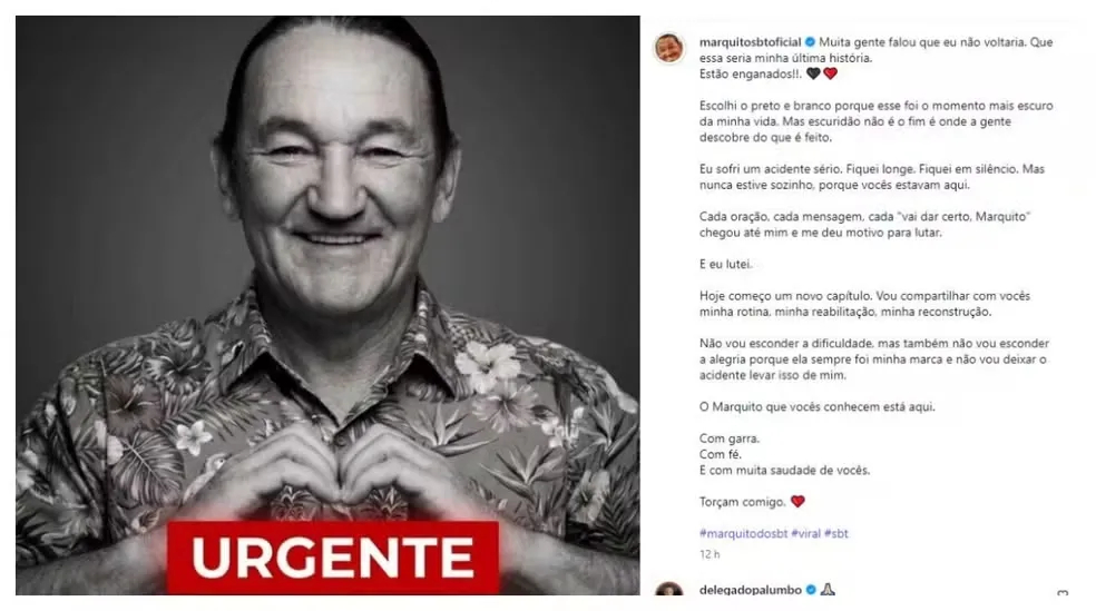 Marquito comemorou sua reabilitação em post aos fãs nas redes sociais – Foto: Reprodução/Instagram