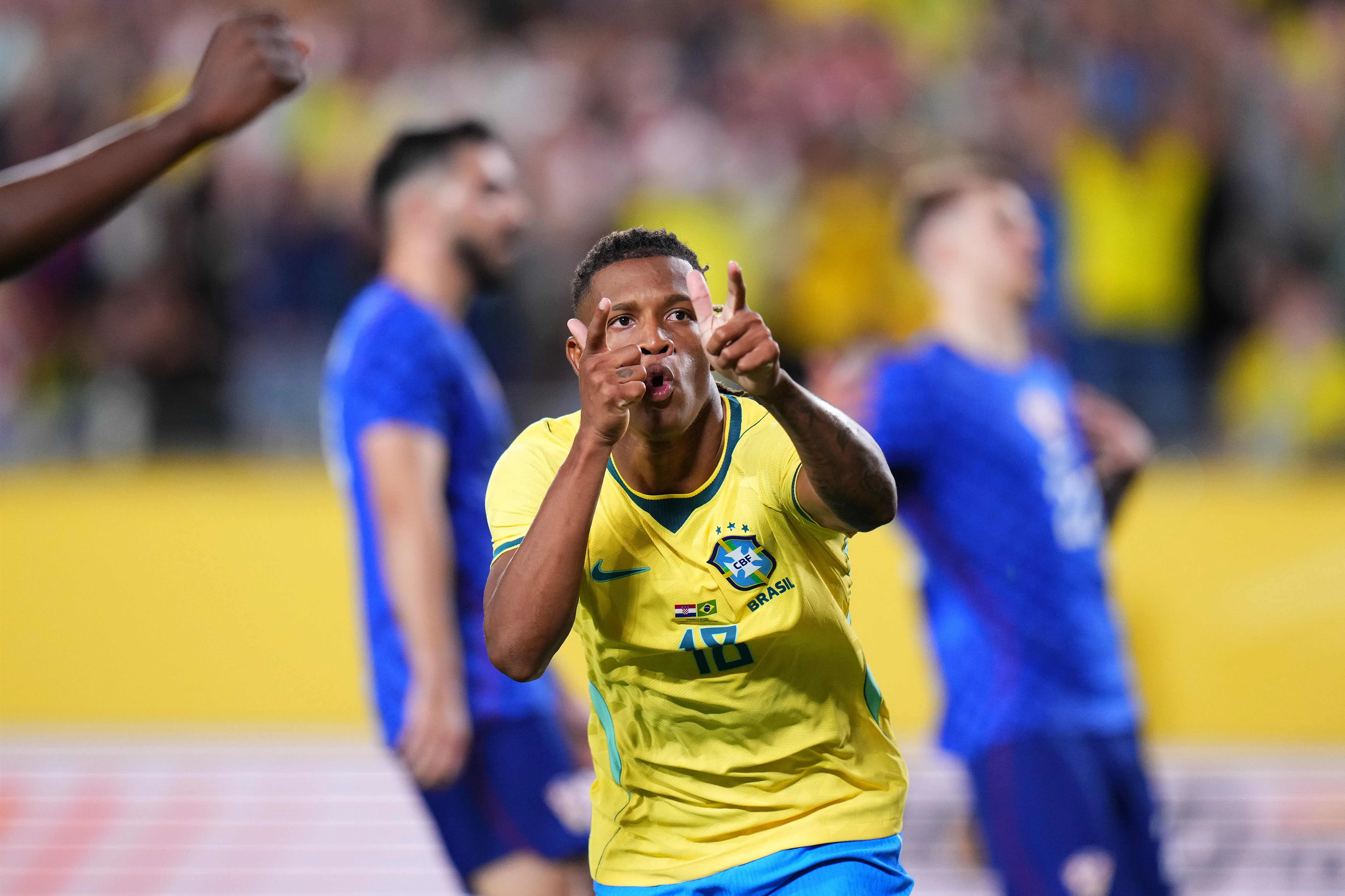 Danilo of Brazil celebrates after scoring his team’s first goal during the international friendly match between Brazil and Croatia at Camping World Stadium on March 31, 2026 in Orlando, Florida. (Photo by Rich Storry/Getty Images)