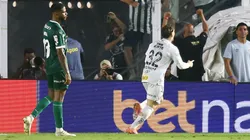 Benjamin Rollheiser jogador do Santos comemora seu gol durante partida contra o Palmeiras no estadio Vila Belmiro pelo campeonato Brasileiro A 2025. Foto: Mauricio De Souza/AGIF