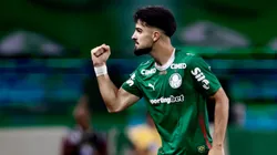 Flaco Lopez, jogador do Palmeiras, comemora seu gol durante partida contra o Santos no estadio Arena Allianz Parque pelo campeonato Brasileiro A 2026. Foto: Marcello Zambrana/AGIF