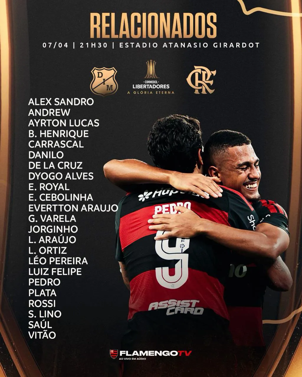 Flamengo divulgou, há pouco, grupo de relacionados contra o Independiente Medellín – Foto: Divulgação/CRF