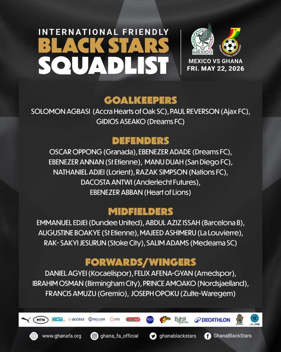 Amuzu convocado para último amistoso de Gana antes da Copa do Mundo – Foto: Divulgação/Gana Intagram