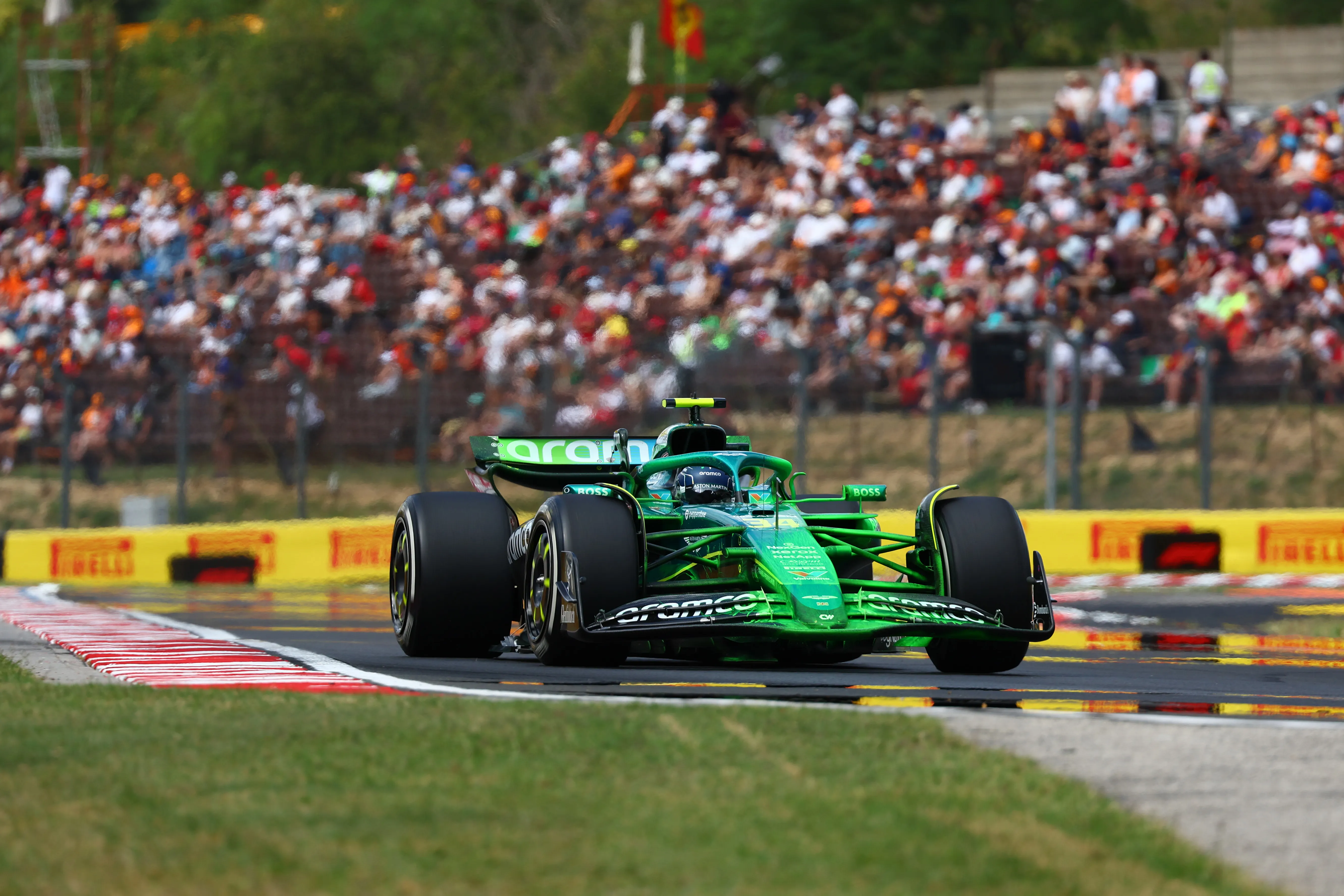 BUDAPEST, HUNGARY – AUGUST 01: Felipe Drugovich of Brazil driving the (34) Aston Martin AMR25 Mercedes on track during practice ahead of the F1 Grand Prix of Hungary at Hungaroring on August 01, 2025 in Budapest, Hungary. (Photo by Joe Portlock/Getty Images)