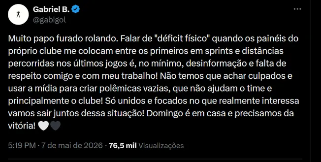 Gabigol desabafou contra críticas sobre condição física e polêmicas midiáticas no Santos – Foto: Reprodução/X