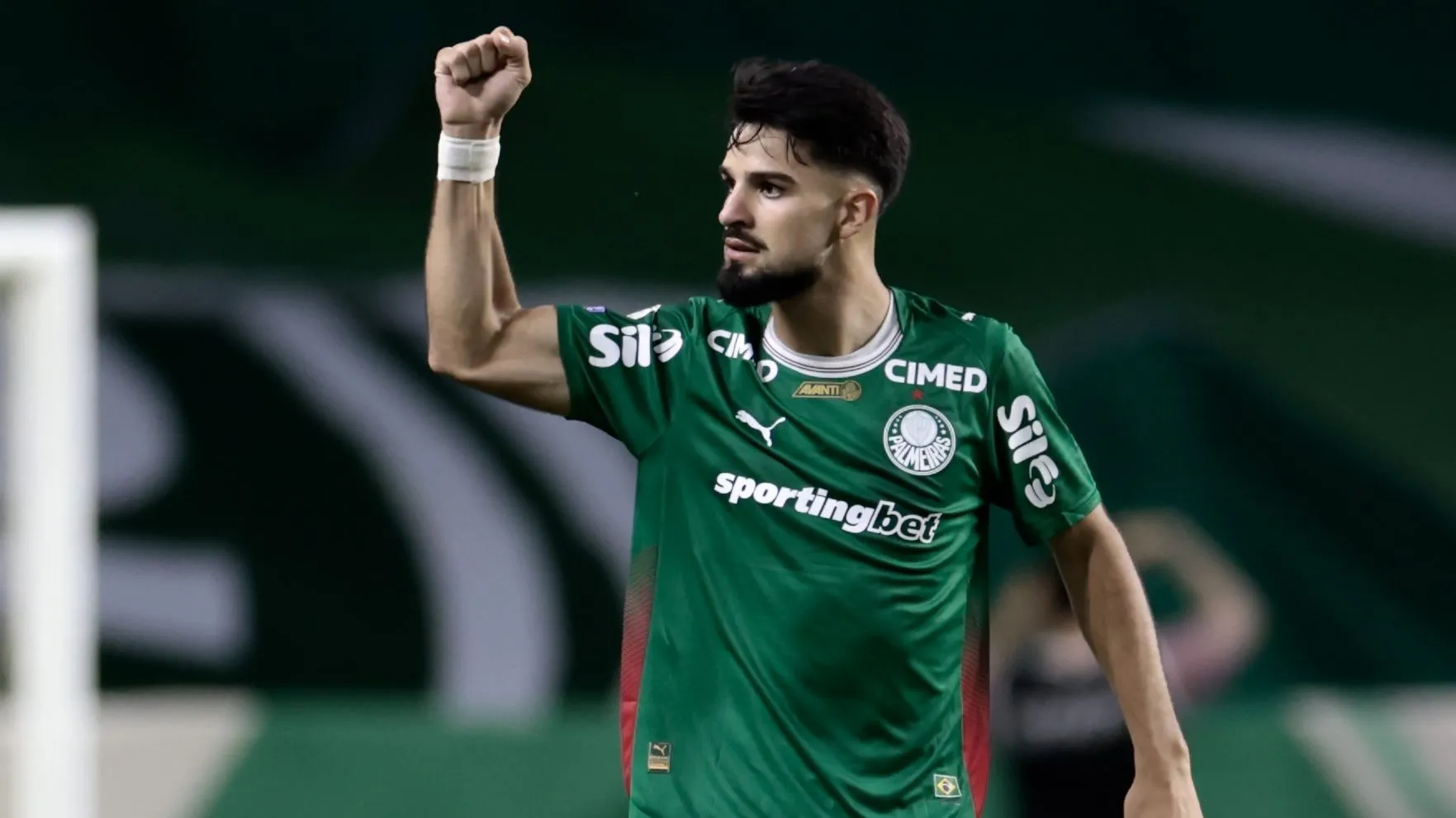 Flaco Lopez jogador do Palmeiras comemora seu gol durante partida contra o Santos no estadio Arena Allianz Parque pelo campeonato Brasileiro A 2026. Foto: Marcello Zambrana/AGIF