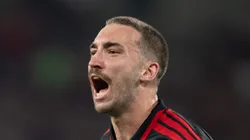 - Leo Ortiz jogador do Flamengo comemora seu gol anulado pelo var durante partida contra o Santos