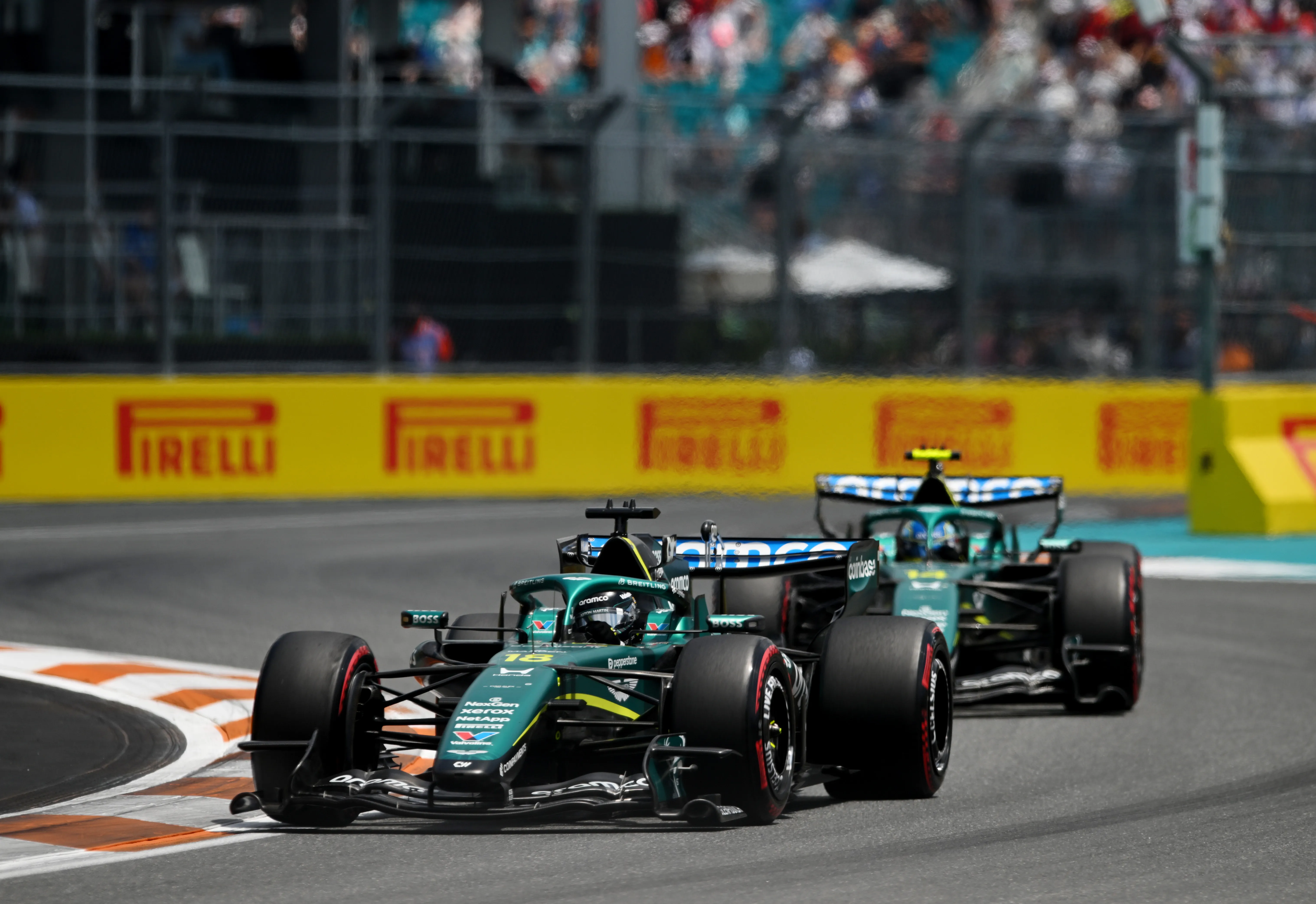 MIAMI, FLORIDA – MAY 02: Lance Stroll of Canada driving the (18) Aston Martin F1 Team AMR26 Honda leads Fernando Alonso of Spain driving the (14) Aston Martin F1 Team AMR26 Honda on track during the Sprint ahead of the F1 Grand Prix of Miami at Miami International Autodrome on May 02, 2026 in Miami, Florida. (Photo by Rudy Carezzevoli/Getty Images)