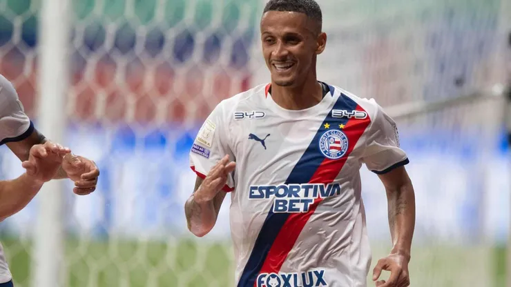 Luciano Juba (Bahia) celebrando seu gol contra o Cruzeiro, no dia 09.05.2026. Foto: Associated Press / Alamy