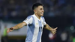 MONTEVIDEO, URUGUAY - MARCH 21: Thiago Almada of Argentina celebrates after scoring the team's first goal during the South of American FIFA World Cup 2026 Qualifier match between Uruguay and Argentina at Centenario Stadium on March 21, 2025 in Montevideo, Uruguay. (Photo by Ernesto Ryan/Getty Images)