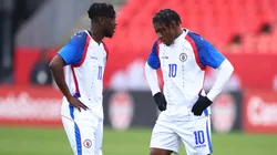 TORONTO, ON - MARCH 31: Louicius Deedson #11 and Jean-Ricner Bellegarde #10 of Haiti prepare for a free kick during an International Friendly against Iceland on March 31, 2026 in Toronto, Ontario, Canada. (Photo by Vaughn Ridley/Getty Images)