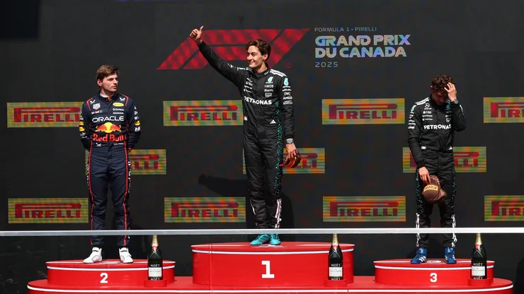 Pódio do GP do Canadá de 2025, com vitória de George Russell