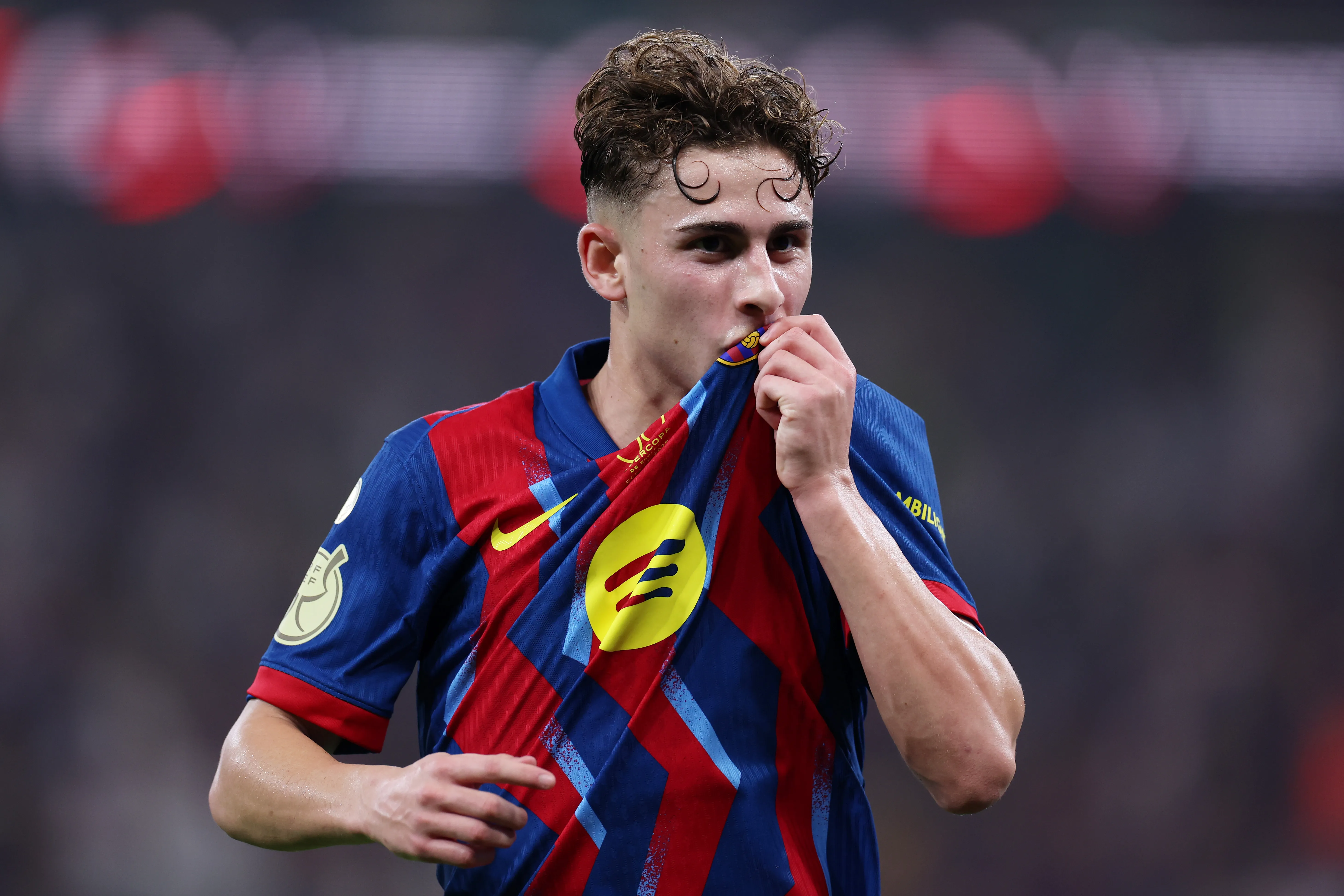 JEDDAH, SAUDI ARABIA – JANUARY 07: Fermin Lopez of FC Barcelona celebrates scoring his team’s second goal during the Spanish Super Cup Semi-Final match between Barcelona and Athletic Club at King Abdullah Sports City Hall Stadium on January 07, 2026 in Jeddah, Saudi Arabia. (Photo by Yasser Bakhsh/Getty Images)