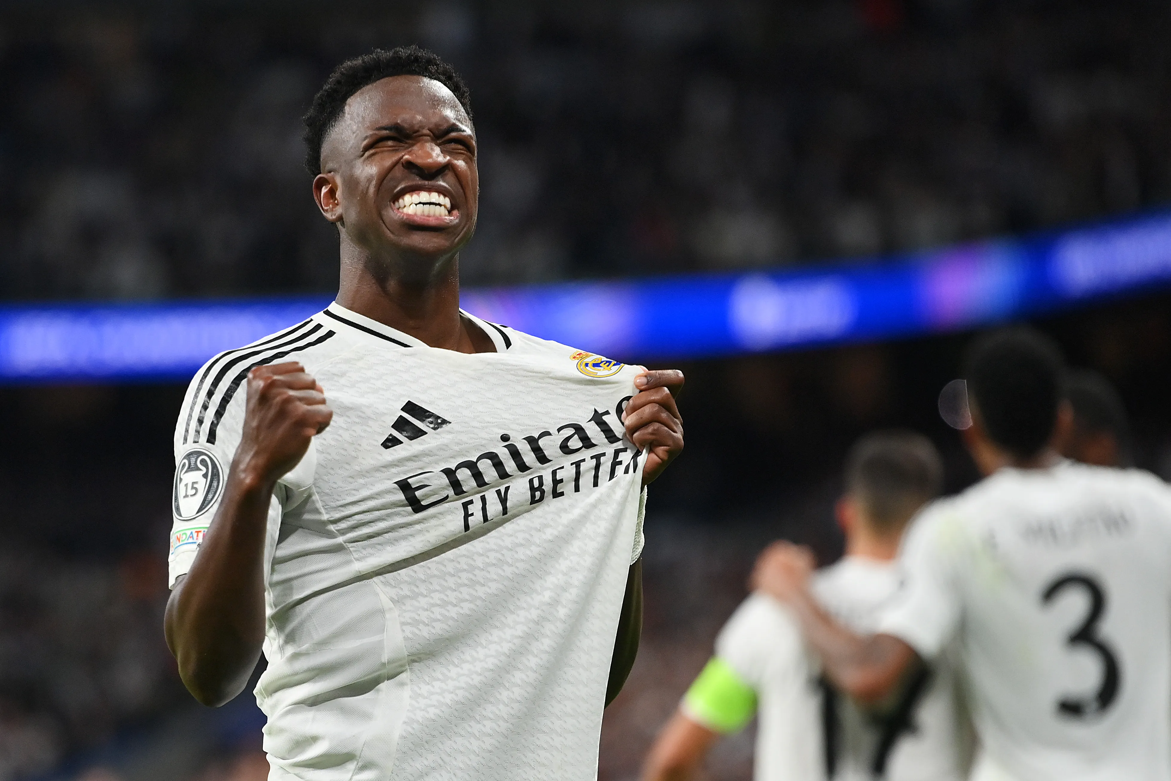 MADRID, SPAIN – OCTOBER 22: Vinicius Junior of Real Madrid celebrates scoring his team’s fifth goal during the UEFA Champions League 2024/25 League Phase MD3 match between Real Madrid C.F. and Borussia Dortmund at Estadio Santiago Bernabeu on October 22, 2024 in Madrid, Spain. (Photo by Denis Doyle/Getty Images)