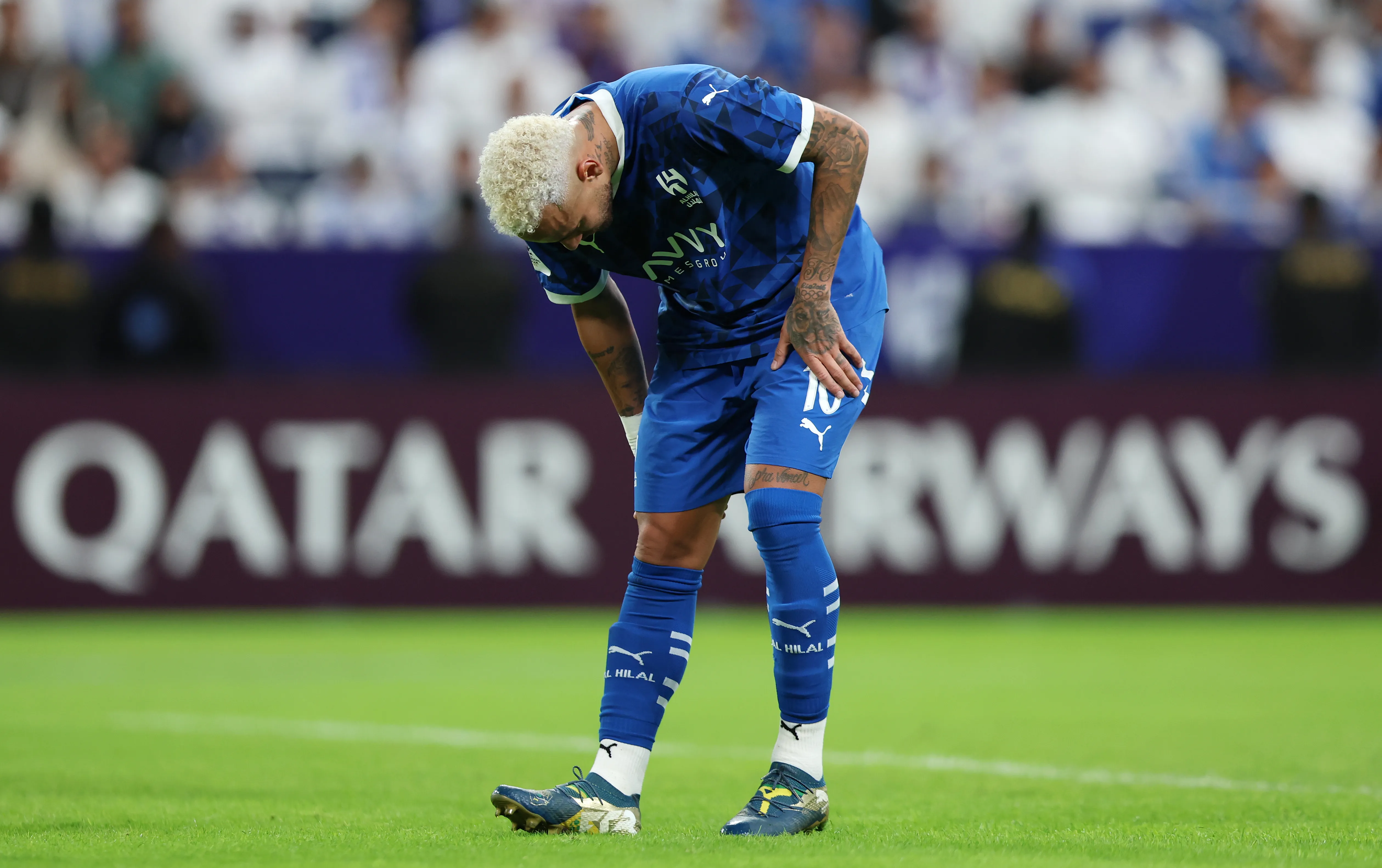 RIYADH, SAUDI ARABIA – NOVEMBER 04: Neymar of Al-Hilal reacts after an injury during the AFC Champions League Elite match between Al-Hilal and Esteghlal at Kingdom Arena on November 04, 2024 in Riyadh, Saudi Arabia. (Photo by Yasser Bakhsh/Getty Images)