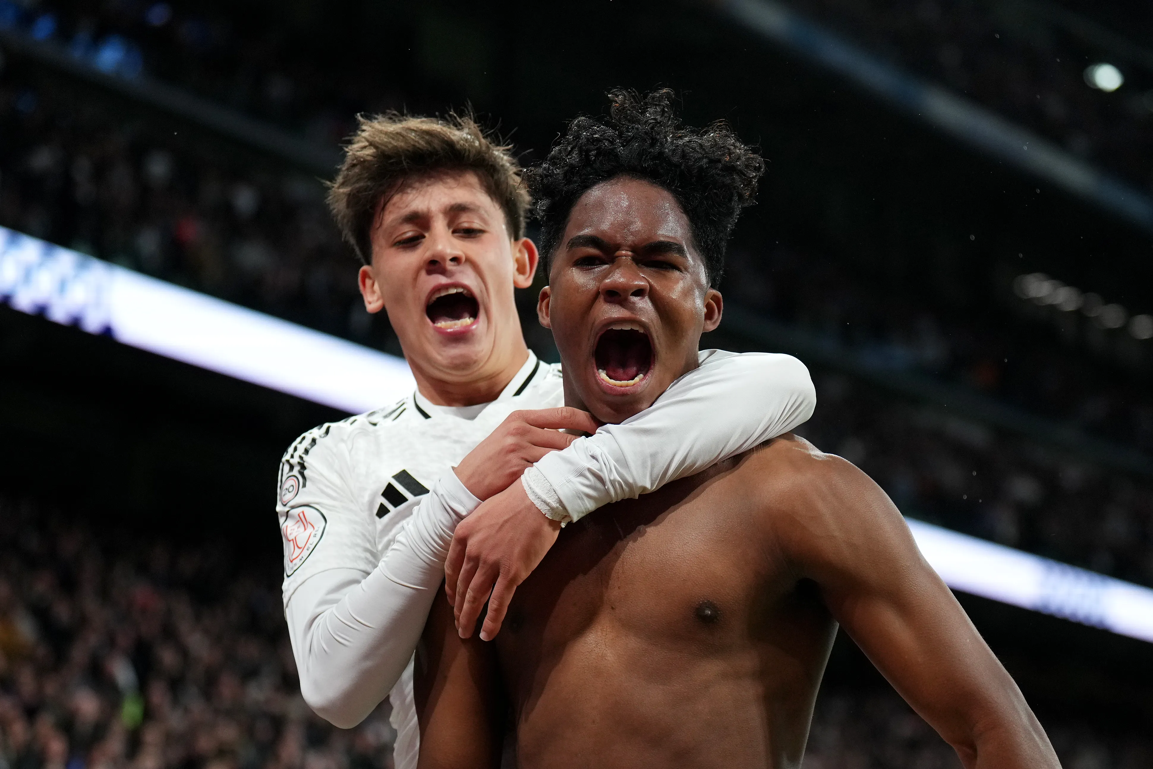 MADRID, SPAIN – JANUARY 16: Endrick of Real Madrid celebrates scoring his team’s third goal with Arda Gueler during the Copa Del Rey match between Real Madrid and Celta de Vigo at Estadio Santiago Bernabeu on January 16, 2025 in Madrid, Spain.  (Photo by Angel Martinez/Getty Images)