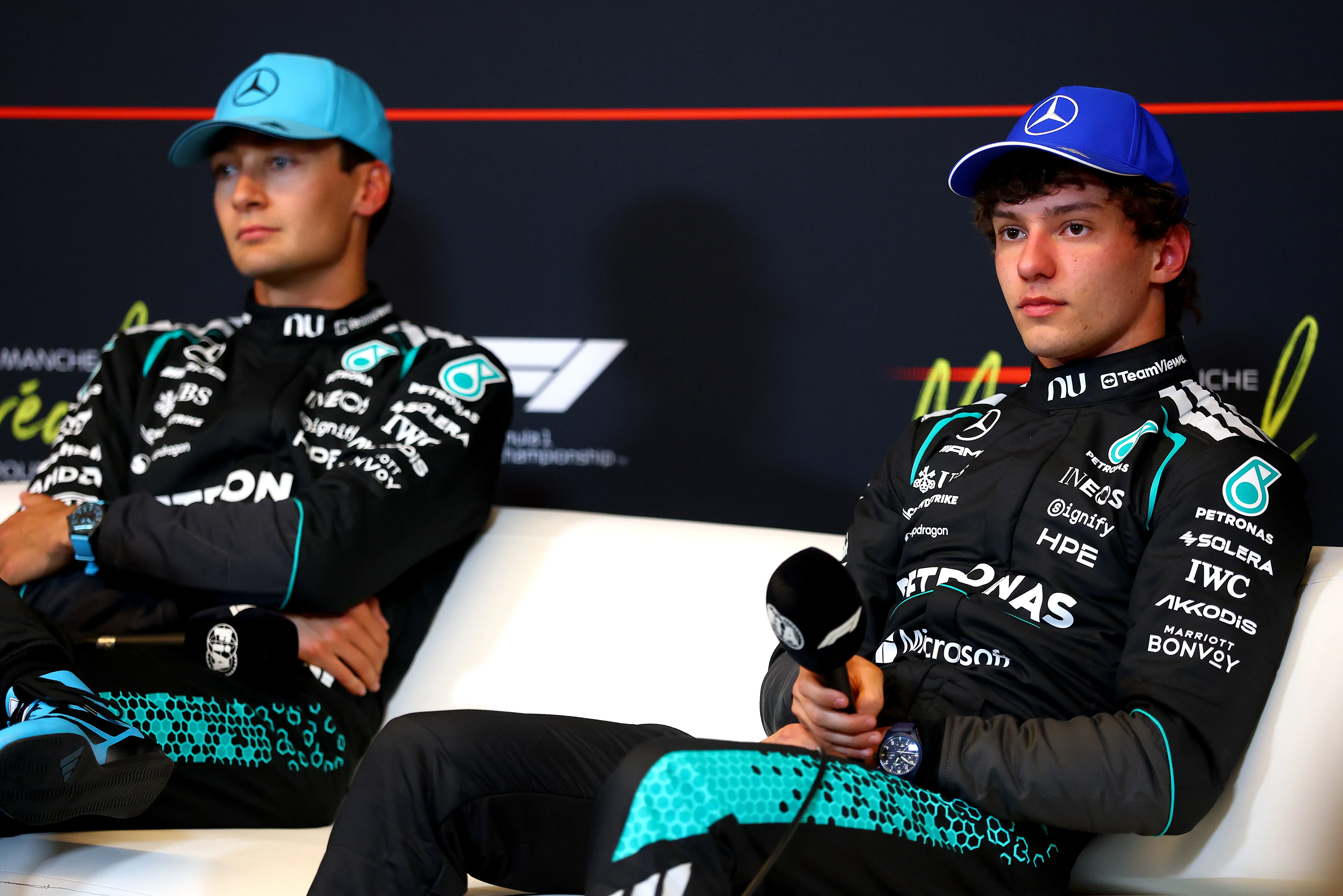 MONTREAL, QUEBEC – MAY 23: Sprint winner George Russell of Great Britain and Mercedes AMG Petronas F1 Team and Third placed Andrea Kimi Antonelli of Italy and Mercedes AMG Petronas F1 Team in the Drivers Press Conference during the Sprint ahead of the F1 Grand Prix of Canada at Circuit Gilles-Villeneuve on May 23, 2026 in Montreal, Quebec. (Photo by Bryn Lennon/Getty Images)