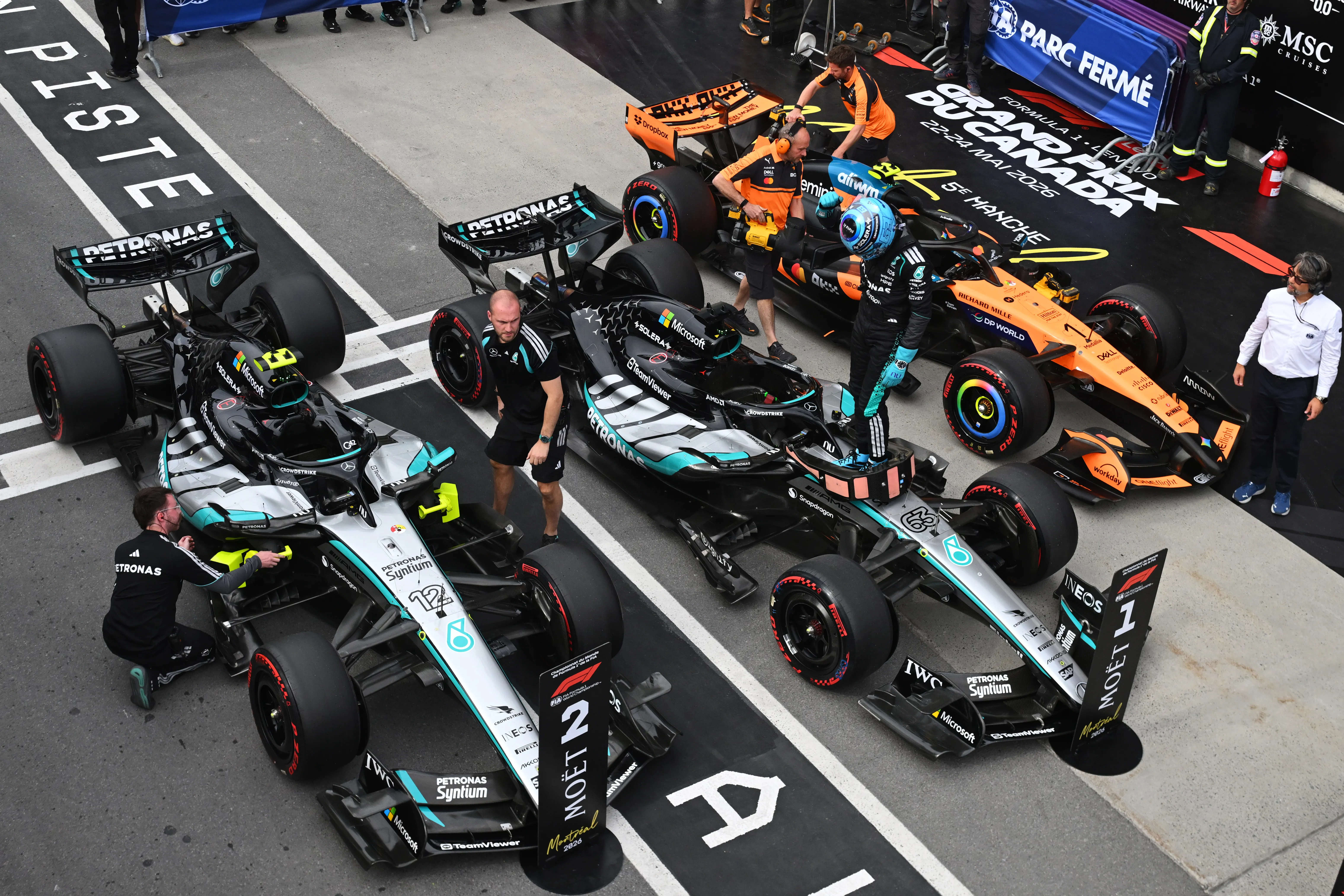 MONTREAL, QUEBEC – MAY 23: Pole position qualifier George Russell of Great Britain and Mercedes AMG Petronas F1 Team arrives in parc ferme during qualifying ahead of the F1 Grand Prix of Canada at Circuit Gilles-Villeneuve on May 23, 2026 in Montreal, Quebec. (Photo by Rudy Carezzevoli/Getty Images)