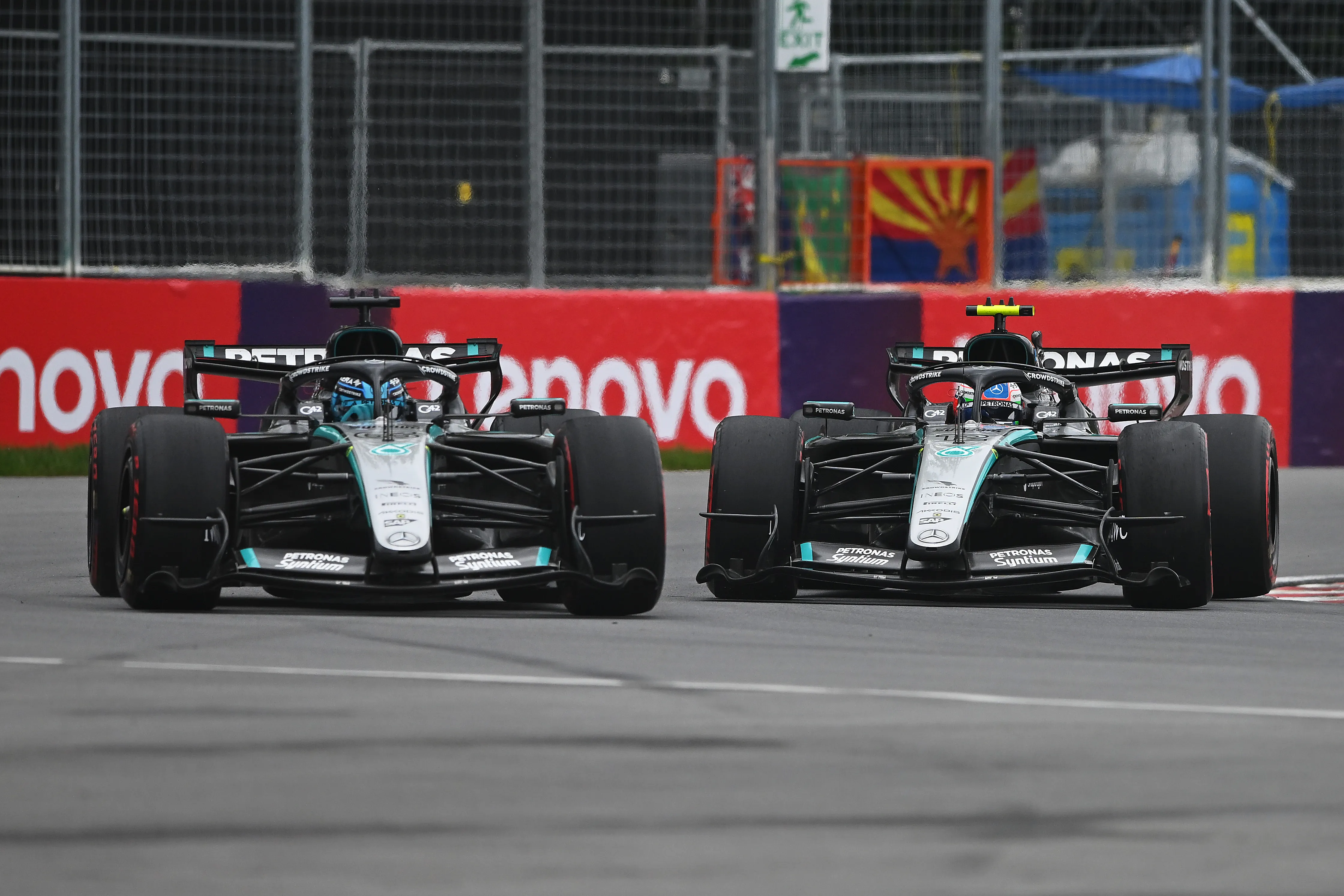 MONTREAL, QUEBEC – MAY 24: George Russell of Great Britain driving the (63) Mercedes AMG Petronas F1 Team W17 and  Andrea Kimi Antonelli of Italy driving the (12) Mercedes AMG Petronas F1 Team W17battle for track position during the F1 Grand Prix of Canada at Circuit Gilles-Villeneuve on May 24, 2026 in Montreal, Quebec. (Photo by Rudy Carezzevoli/Getty Images)