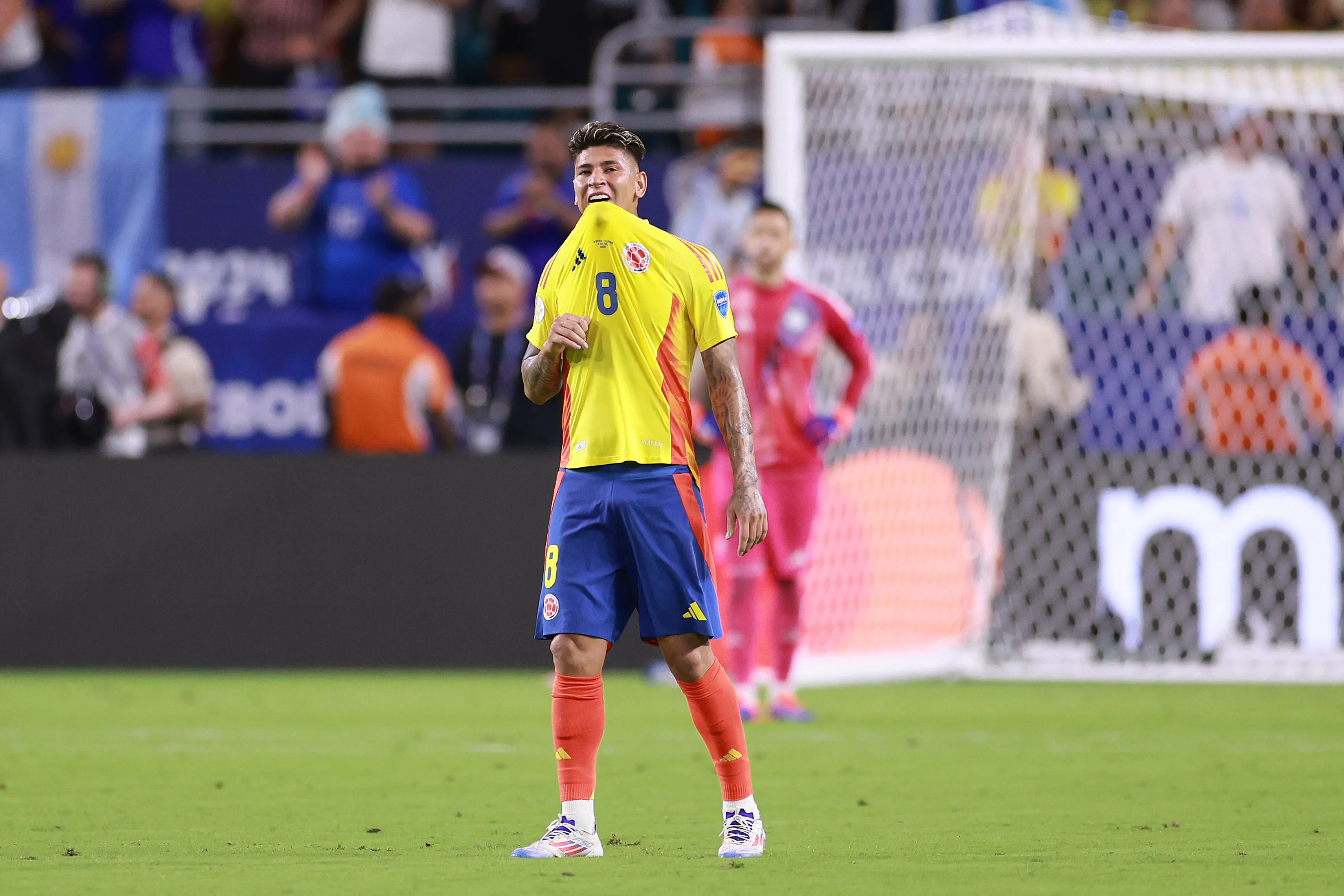 Jorge Carrascal, da Colômbia, reage durante a final da CONMEBOL Copa América 2024. (Photo by Carmen Mandato/Getty Images)