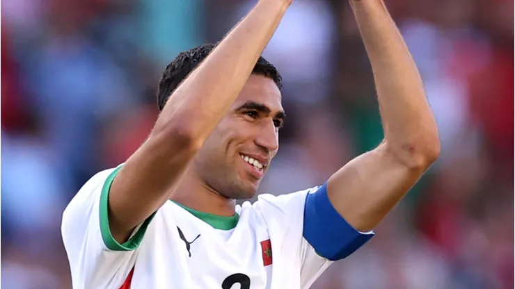NANTES, FRANCE - AUGUST 08: Achraf Hakimi #2 of Team Morocco celebrates scoring his team's sixth goal during the Men's Bronze Medal match between Egypt and Morocco during Day Thirteen of the Olympic Games Paris 2024 at Stade de la Beaujoire on August 08, 2024 in Nantes, France. (Photo by Robert Cianflone/Getty Images)