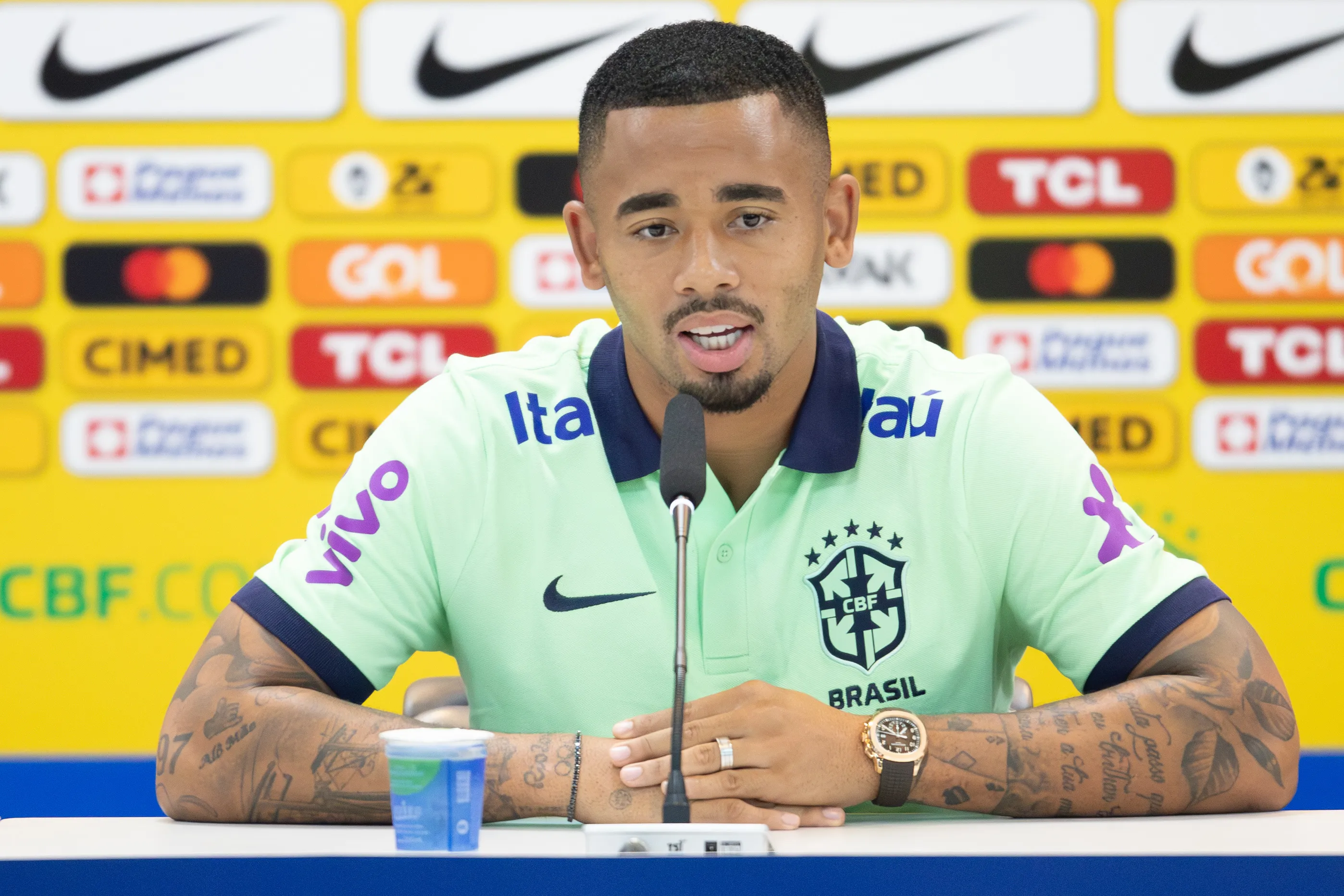 MT – CUIABA – 09/10/2023 – SELECAO BRASILEIRA, COLETIVA – Gabriel Jesus jogador da Selecao Brasileira durante coletiva de imprensa realizada no Arena Pantanal. Foto: Gil Gomes/AGIF