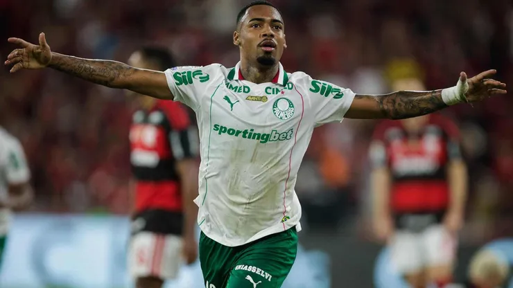 Allan (Palmeiras) celebrando seu gol contra o Flamengo, no dia 23.05.2026. Crédito: ZUMA Press / Alamy