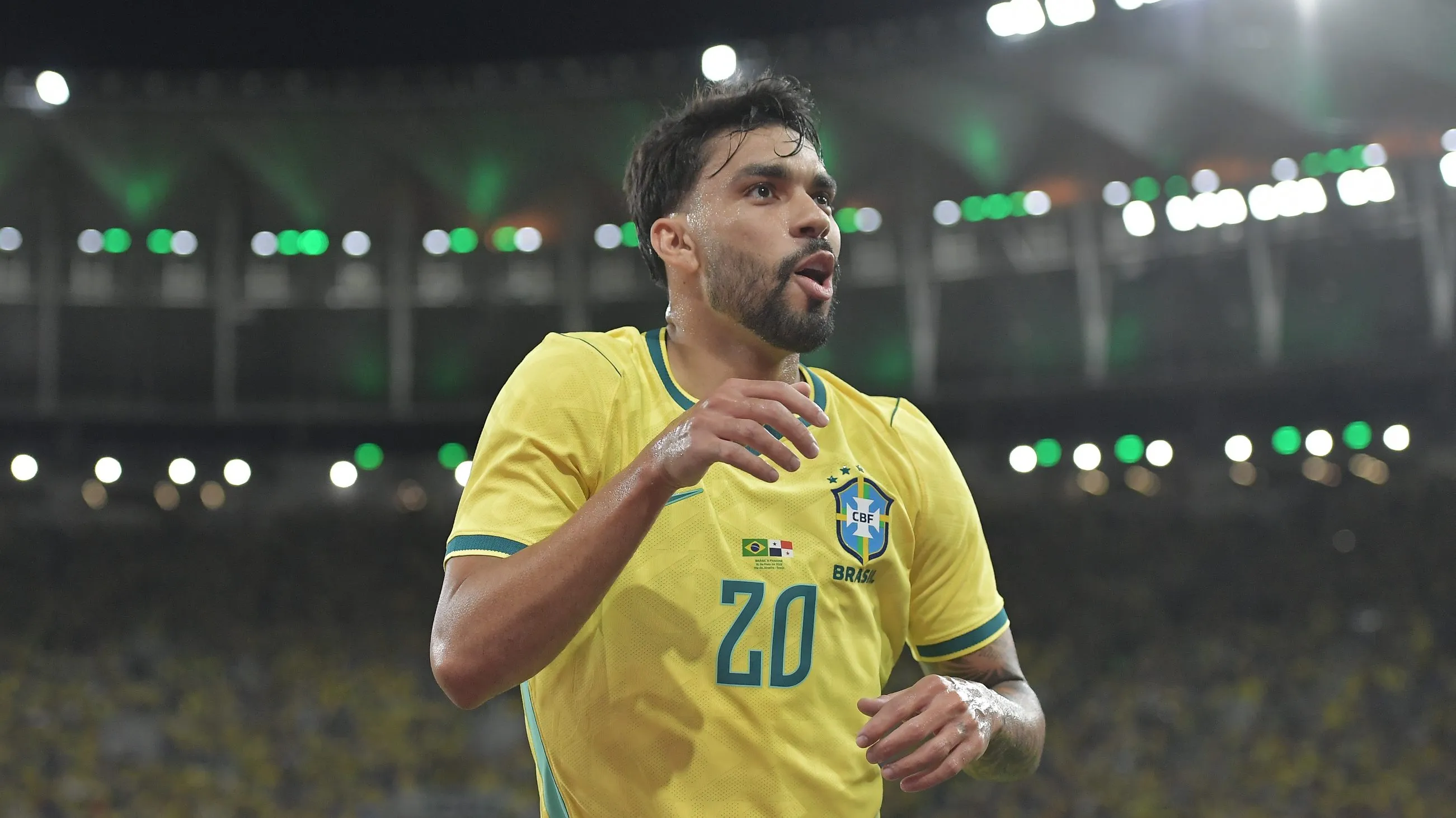 Lucas Paquetá comemora seu gol durante partida contra o Panamá no Maracanã. Foto: Thiago Ribeiro/AGIF
