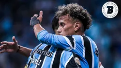 Bitello jogador do Grêmio comemora seu gol com Luis Suárez jogador da sua equipe durante partida contra o América-MG no estádio Arena do Grêmio pelo campeonato BRASILEIRO A 2023.