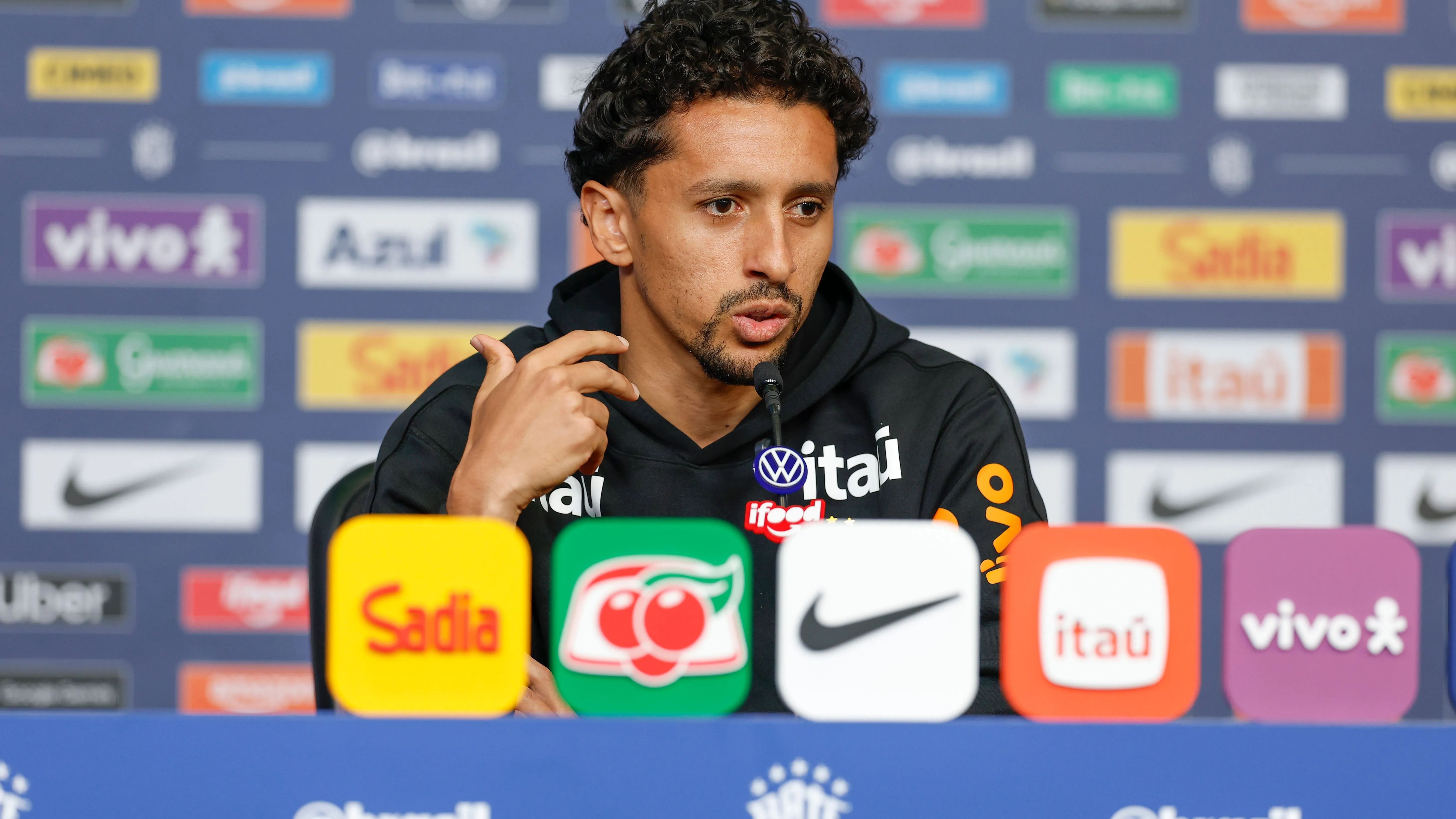 Marquinhos durante coletiva na concentreação do Brasil em Nova Jersey –  Rafael Ribeiro/CBF