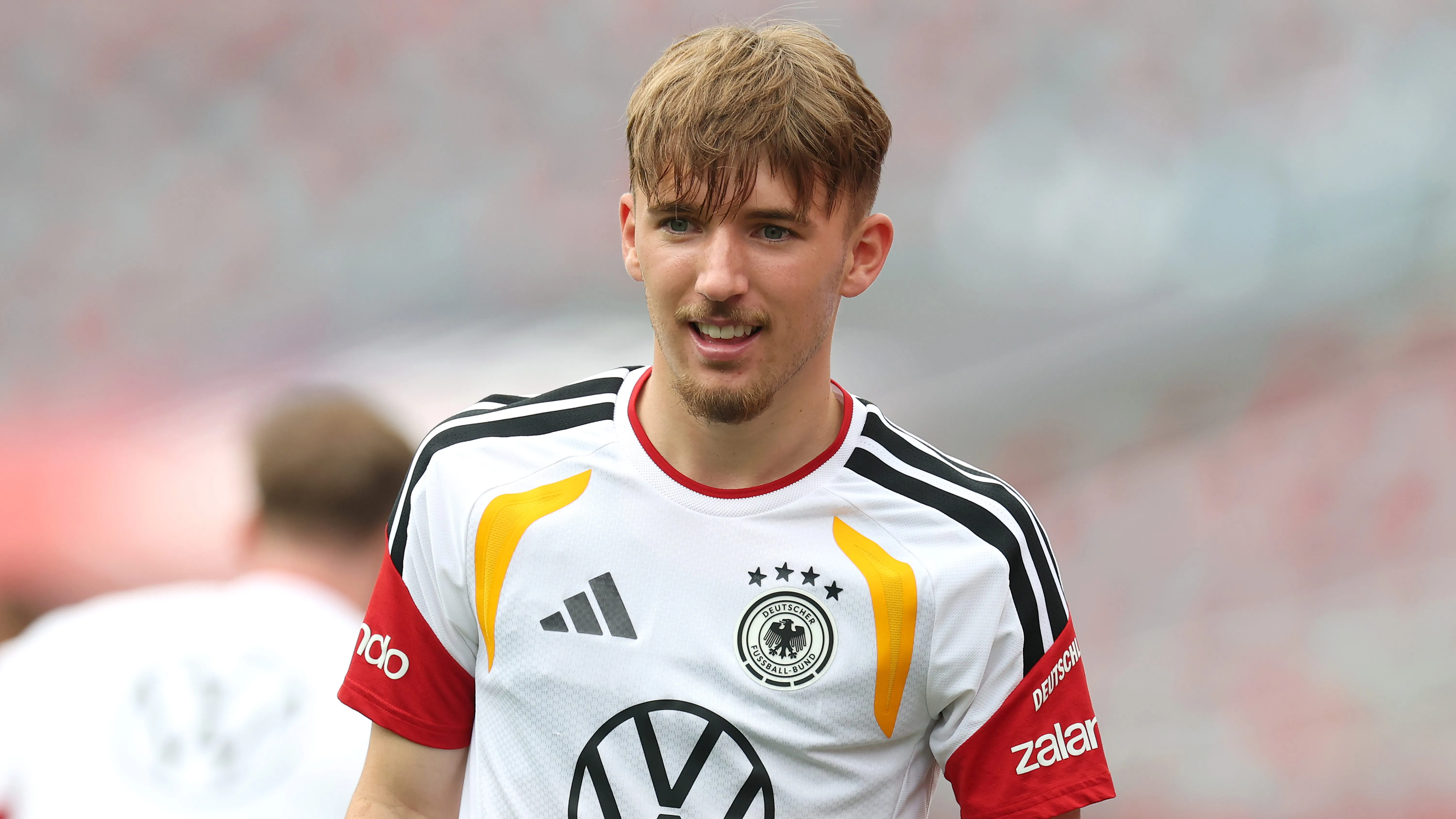 CHICAGO, ILLINOIS – JUNE 05: Lennart Karl of Germany looks on during a Team Germany Training session at Soldier Field on June 05, 2026 in Chicago, Illinois. Germany will face the United States in an international friendly match on June 6, 2026. (Photo by Alexander Hassenstein/Getty Images)