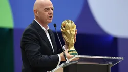DALLAS, TEXAS - JUNE 01: FIFA President Gianni Infantino holds the FIFA World Cup winner's trophy while speaking during the FIFA World Cup 2026 International Broadcast Center Grand Opening ceremony on June 01, 2026 in Dallas, Texas. (Photo by Sam Hodde/Getty Images)