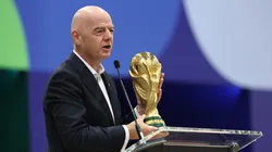 DALLAS, TEXAS - JUNE 01: FIFA President Gianni Infantino holds the FIFA World Cup winner's trophy while speaking during the FIFA World Cup 2026 International Broadcast Center Grand Opening ceremony on June 01, 2026 in Dallas, Texas. (Photo by Sam Hodde/Getty Images)