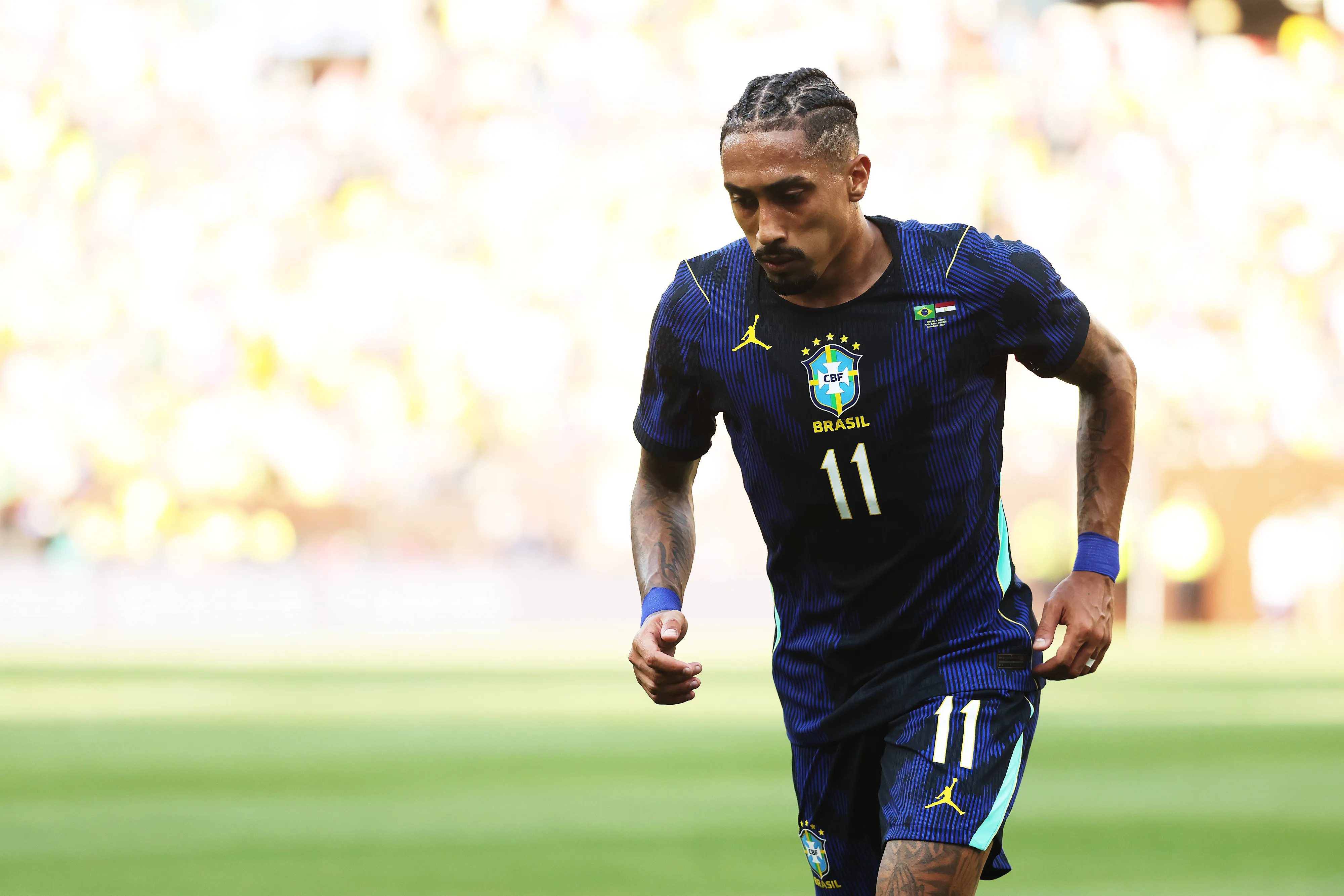 CLEVELAND, OHIO – JUNE 06: Raphinha of Brazil gestures during the international friendly match between Brazil and Egypt at Huntington Bank Field on June 06, 2026 in Cleveland, Ohio. (Photo by Kirk Irwin/Getty Images)