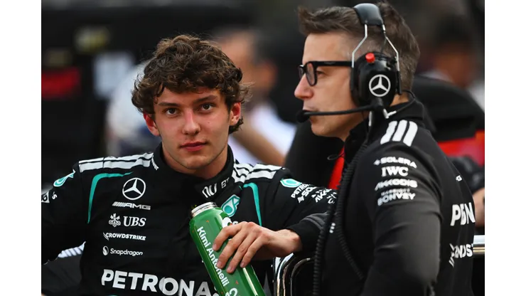 MONTE-CARLO, MONACO - JUNE 07: Andrea Kimi Antonelli of Italy and Mercedes AMG Petronas F1 Team and Peter Bonnington, Race Engineer of Mercedes AMG Petronas F1 Team talk in the Pitlane during the F1 Grand Prix of Monaco at Circuit de Monaco on June 07, 2026 in Monte-Carlo, Monaco. (Photo by Rudy Carezzevoli/Getty Images)