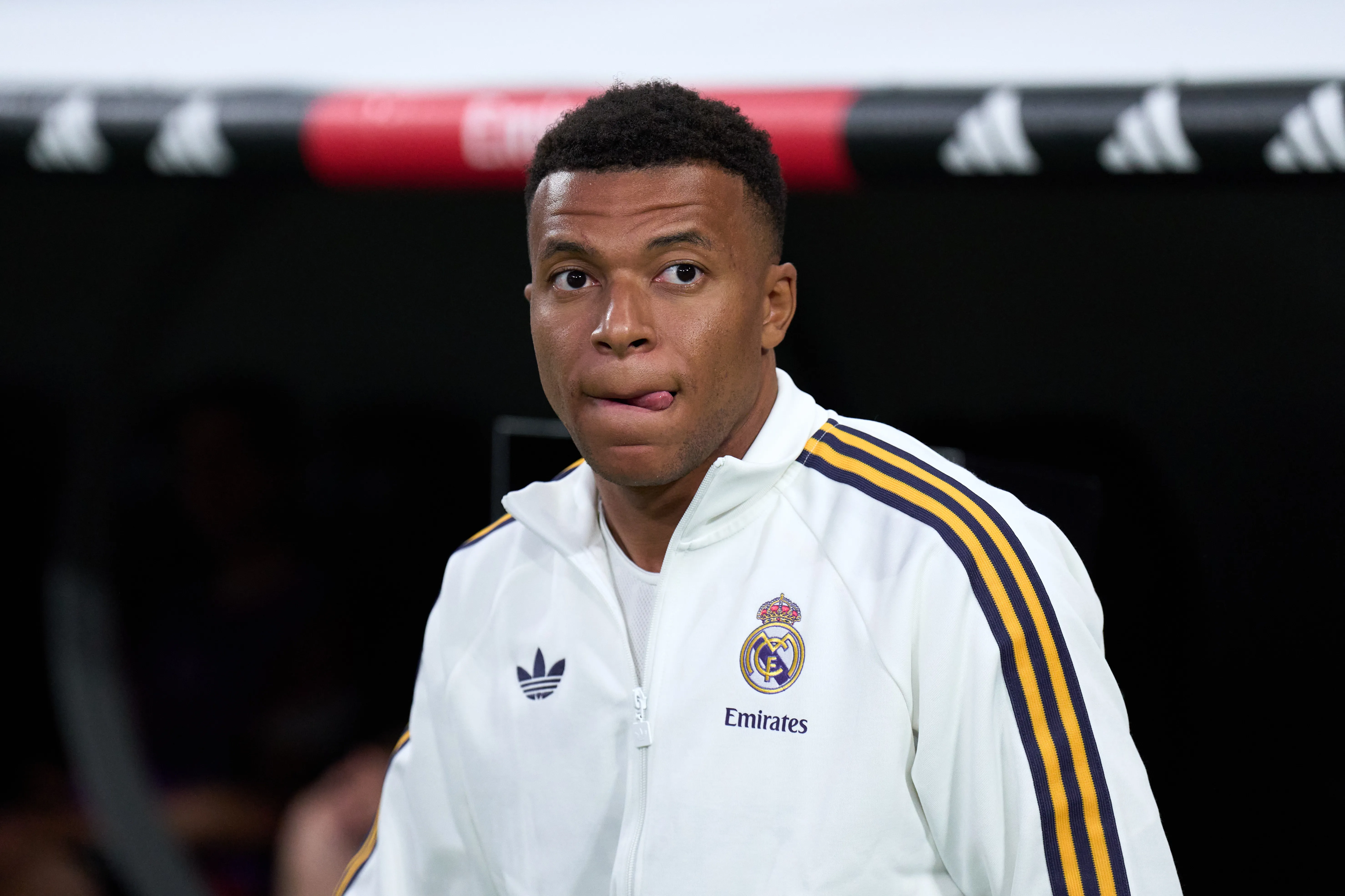 MADRID, SPAIN – MAY 23: Kylian Mbappe of Real Madrid looks on prior to the LaLiga EA Sports match between Real Madrid CF and Athletic Club at Estadio Santiago Bernabeu on May 23, 2026 in Madrid, Spain. (Photo by Angel Martinez/Getty Images)