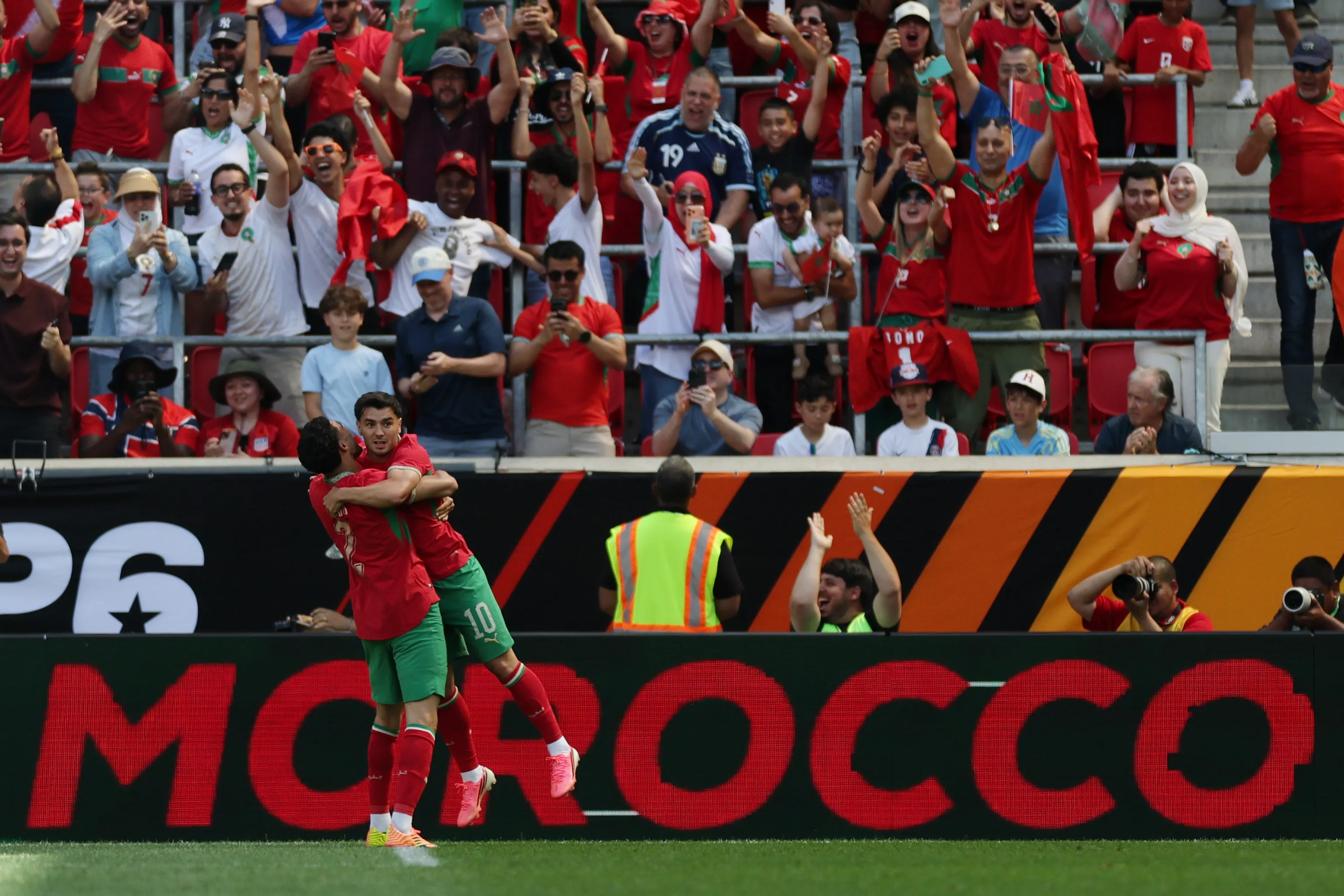 HARRISON, NEW JERSEY – JUNE 07: Brahim Díaz of Morocco celebrates with teammate Achraf Hakimi after scoring the team’s first goal during the international friendly match between Morocco and Norway at Red Bull Arena on June 07, 2026 in Harrison, New Jersey. (Photo by Vincent Carchietta/Getty Images)