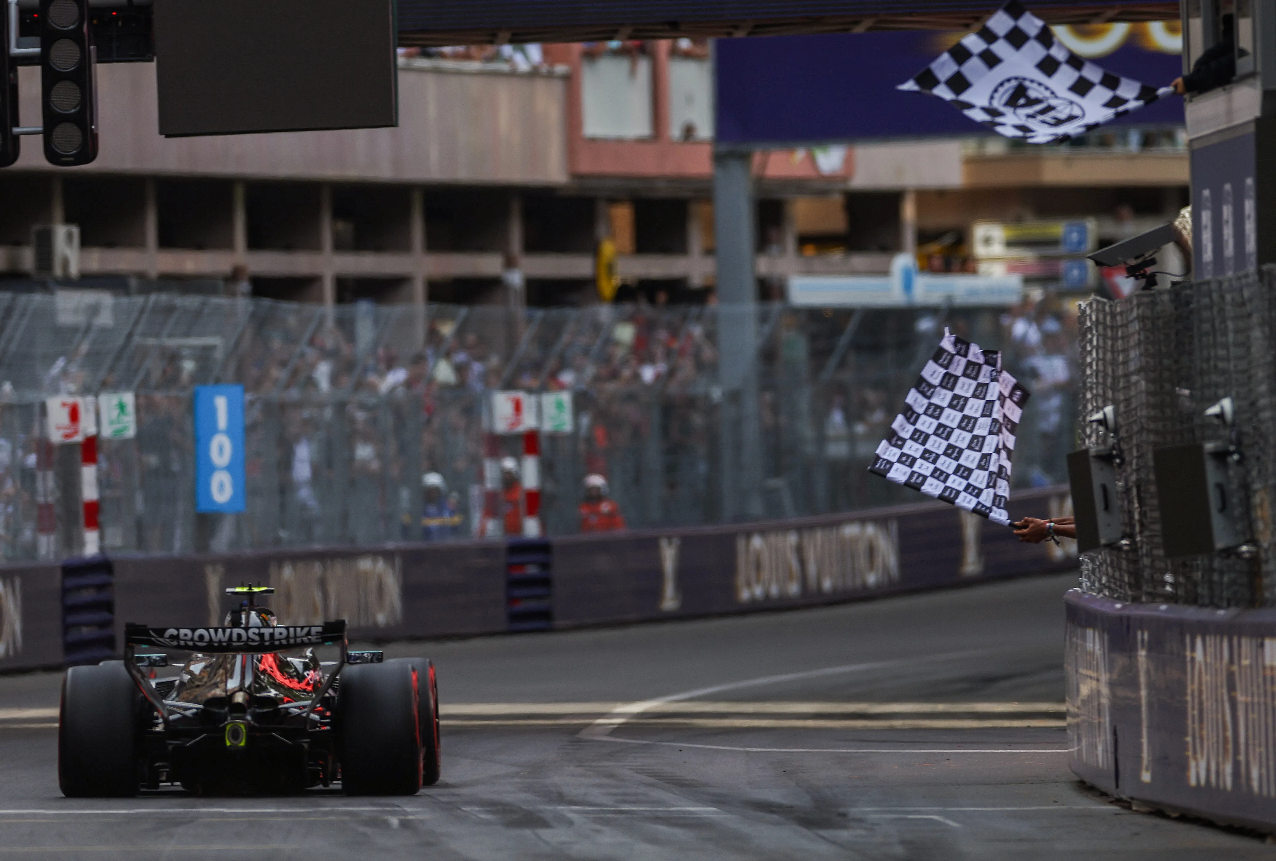 MONTE-CARLO, MONACO – JUNE 07: Race winner Andrea Kimi Antonelli of Italy driving the (12) Mercedes AMG Petronas F1 Team W17 takes the chequered flag during the F1 Grand Prix of Monaco at Circuit de Monaco on June 07, 2026 in Monte-Carlo, Monaco. (Photo by Peter Fox/Getty Images)
