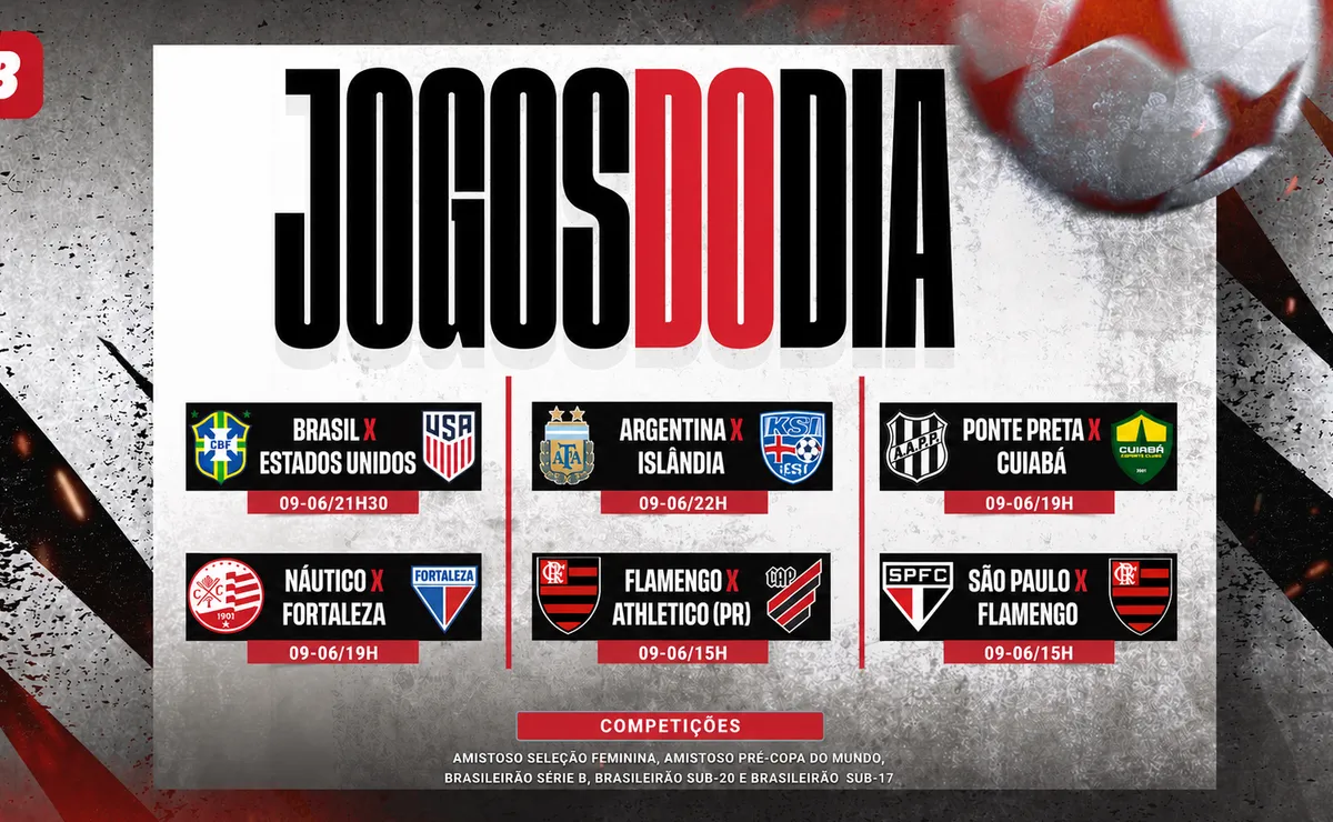 Agenda de jogos de hoje (09/06): horários e onde assistir futebol ao vivo nesta terça-feira