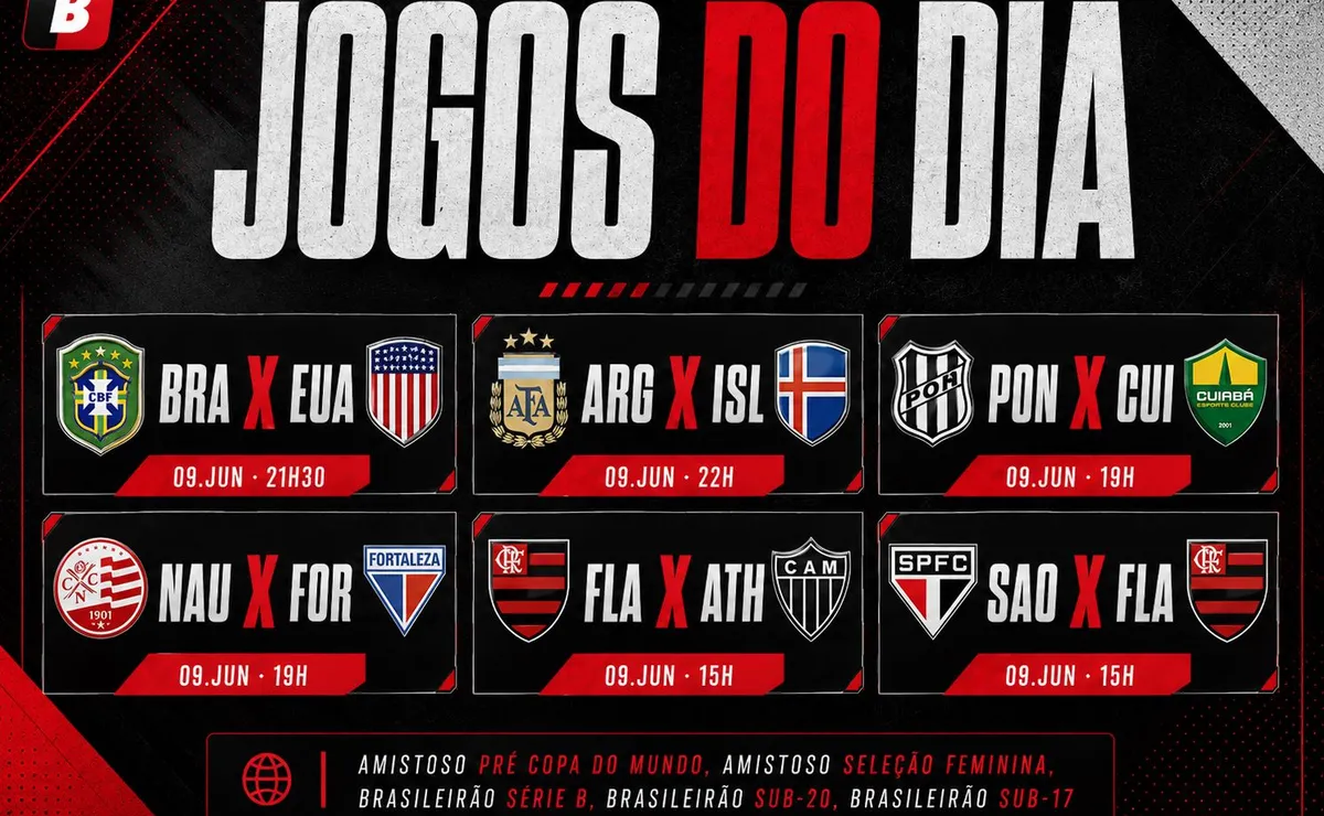 Agenda de jogos de hoje (09/06): horários e onde assistir futebol ao vivo nesta terça-feira