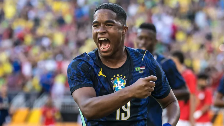 Brazil s Endrick celebrates his goal during an International Friendly, Länderspiel, Nationalmannschaft match preparing for the World Cup between Brazil and Egypt Brazil s Endrick celebrates his goal during an international friendly match preparing for the World Cup between Brazil and Egypt at Huntington Bank Field in Cleveland, United States, this Saturday, the 6th. Cleveland OH United States Copyright: xWilliamxVolcovx