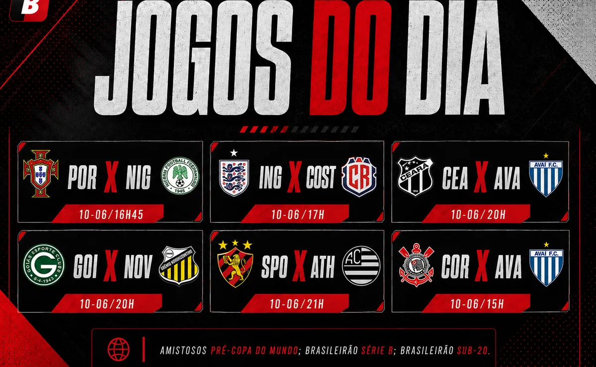 Agenda de jogos de hoje (10/06): horários e onde assistir futebol ao vivo nesta quarta-feira