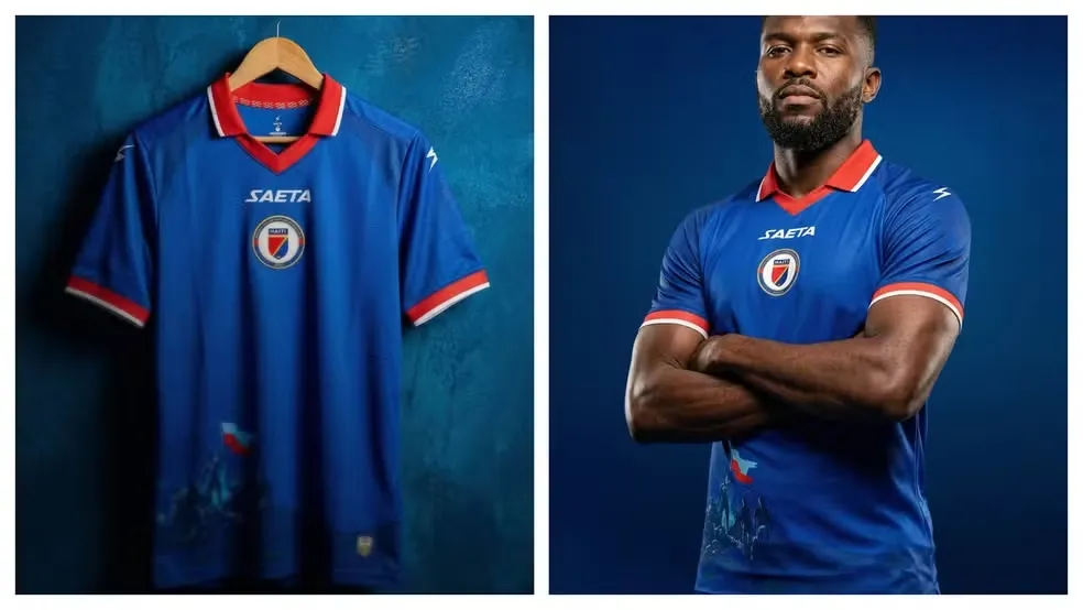 Detalhes da camisa do Haiti barrada pela FIFA para a Copa do Mundo – Foto: Reprodução/Instagram