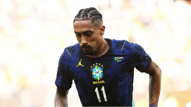 CLEVELAND, OHIO - JUNE 06: Raphinha of Brazil gestures during the international friendly match between Brazil and Egypt at Huntington Bank Field on June 06, 2026 in Cleveland, Ohio. (Photo by Kirk Irwin/Getty Images)
