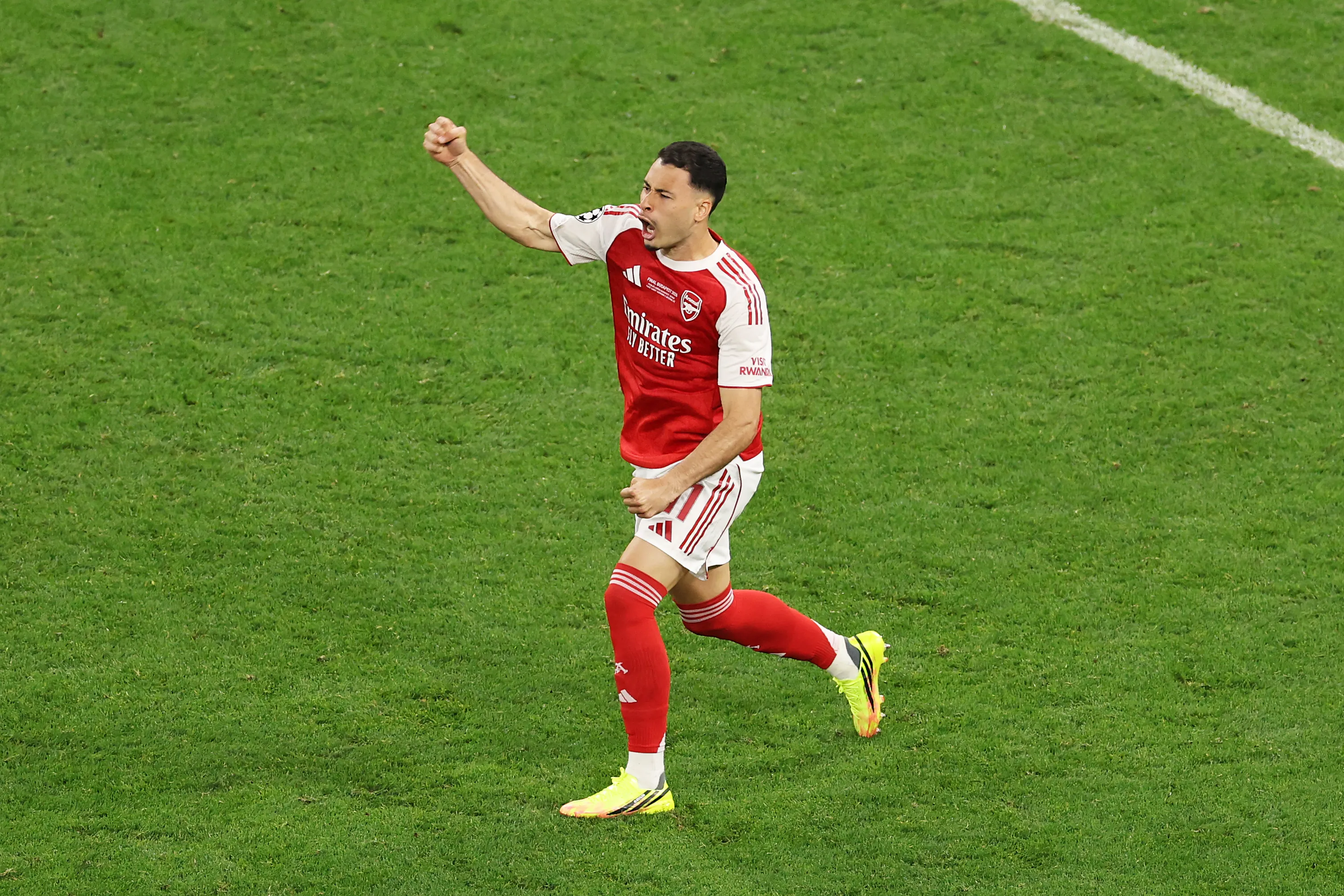 BUDAPEST, HUNGARY – MAY 30: Gabriel Martinelli of Arsenal celebrates scoring his team’s fourth goal during the UEFA Champions League Final 2026 match between Paris Saint-Germain and Arsenal FC at Puskas Arena on May 30, 2026 in Budapest, Hungary. (Photo by Richard Heathcote/Getty Images)
